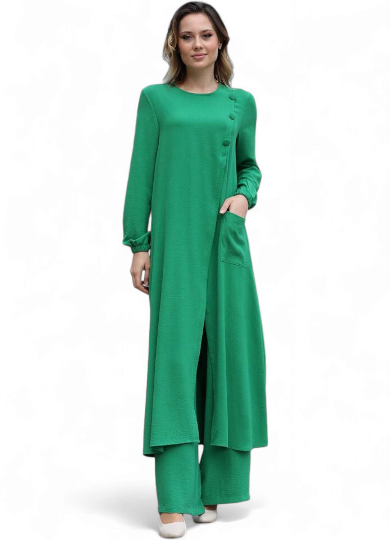 Modavitrini Longtunika Eleganter Damen Zweiteiler mit weiter Hose – Hijab Modest Fashion (Zweiteiliges Set – Longtunika und Hose) dekorative Knöpfe, weites Hosenbein