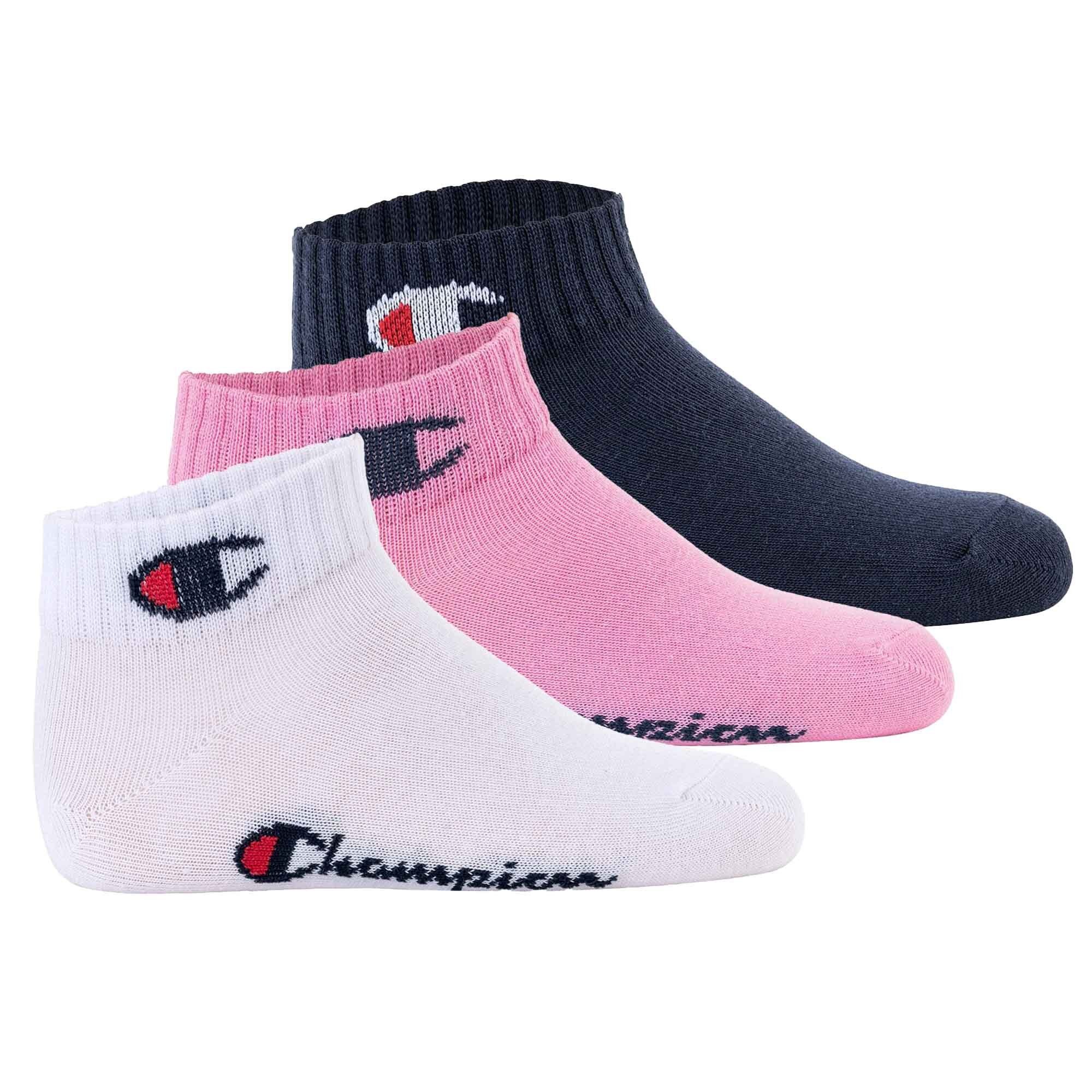 Logo, Champion einfarbig Freizeitsocken Kinder Socken, 3er Quarter, Pack Pink/Weiß/Blau -