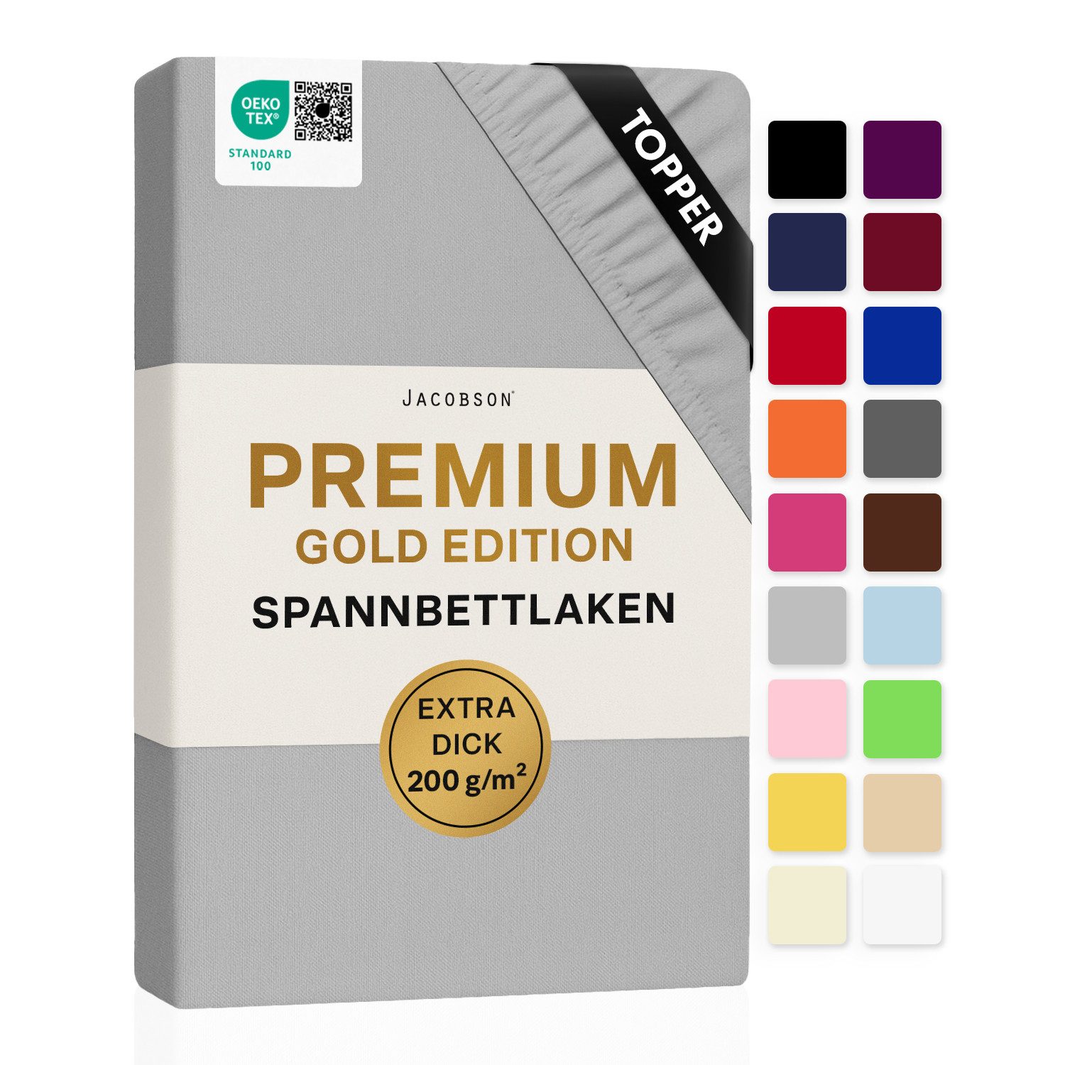 Jacobson Spannbettlaken TOPPER PREMIUM 200 g/m² Jersey aus 97% Baumwolle & 3% Elasthan, Extra dichtes Bettlaken für maximalen Halt