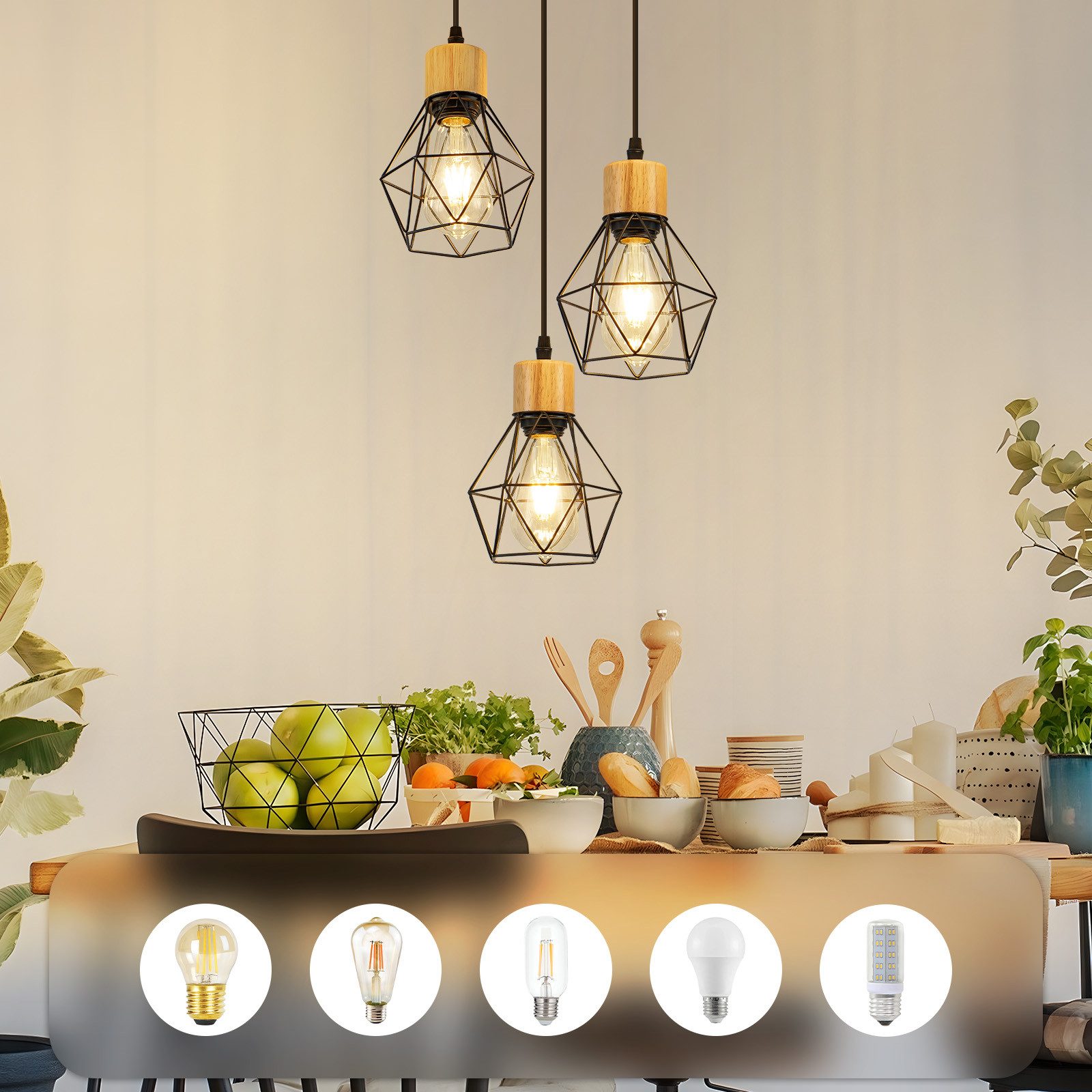 ZMH Pendelleuchte Hängeleuchte Esstisch - Esstischleuchte, sandfarben, Metall, E27, Esszimmerlampe Schwarz Küchenlampe (ohne Leuchtmittel)