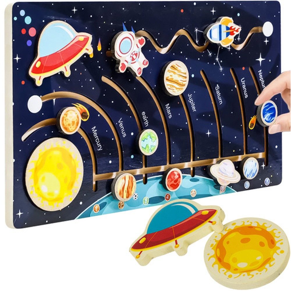 KRUZZEL Steckpuzzle Holzpuzzle Planetenlabyrinth Sonnensystem, 8 Puzzleteile, Vermittelt Wissen über Planeten und das Sonnensystem