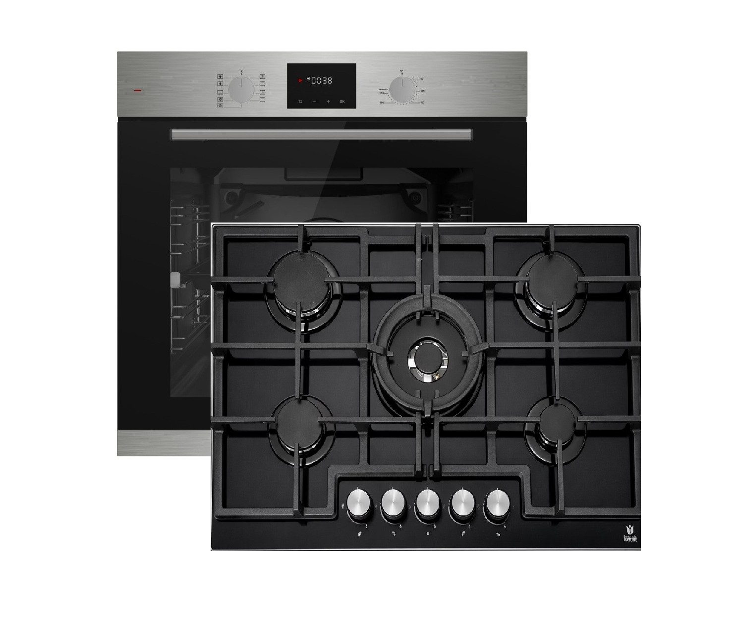 Böhme Elektro-Herd-Set Böhme Einbaubackofen HB60F78PPX+Gaskochfeld,75cm Schwarz 5Brennern WOK, mit 1-fach-Teleskopauszug