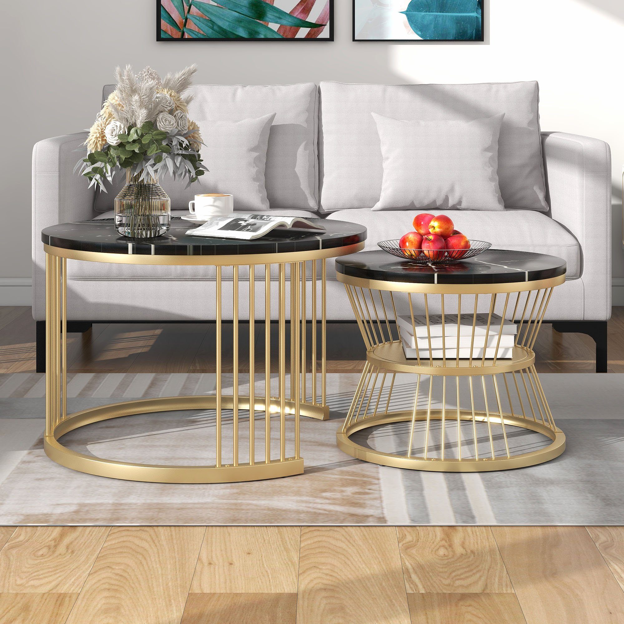 REDOM Couchtisch und 2er Schwarz+Gold Sofa Moderne (Moderne Nesting Marmor Runde Tischen Furnier von Nesting Endtische), Couchtisch, Seite Couchtisch Nest Set