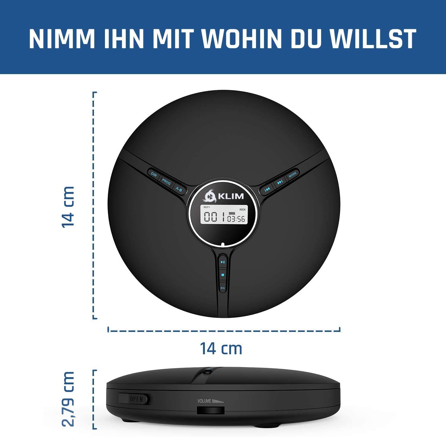 KLIM Tragbarer inklusive Hörerlebnis) Kopfhörer Player CD-Spieler unverwechselbares für (hochwertiger Stereo-CD Discman, Scharz