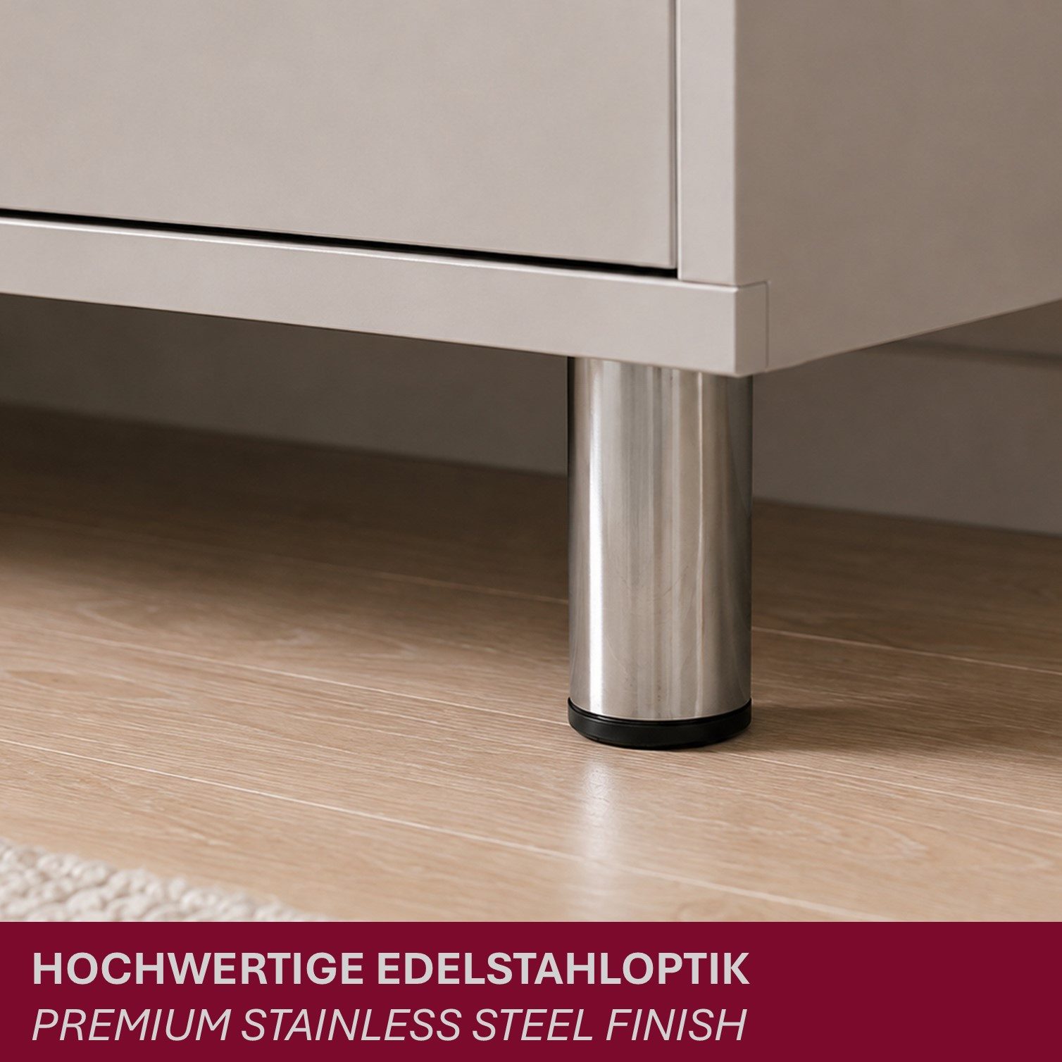 HOOZ Möbelfuß Edelstahl 80mm 12er Set gebürstet Ø50mm mit Kunststoffgleiter, (Set, 12-St., 12er-Set Möbelbeine), 3 mm Montageplatte mit M8-Gewinde und Kunststof – Bild 5 von 5
