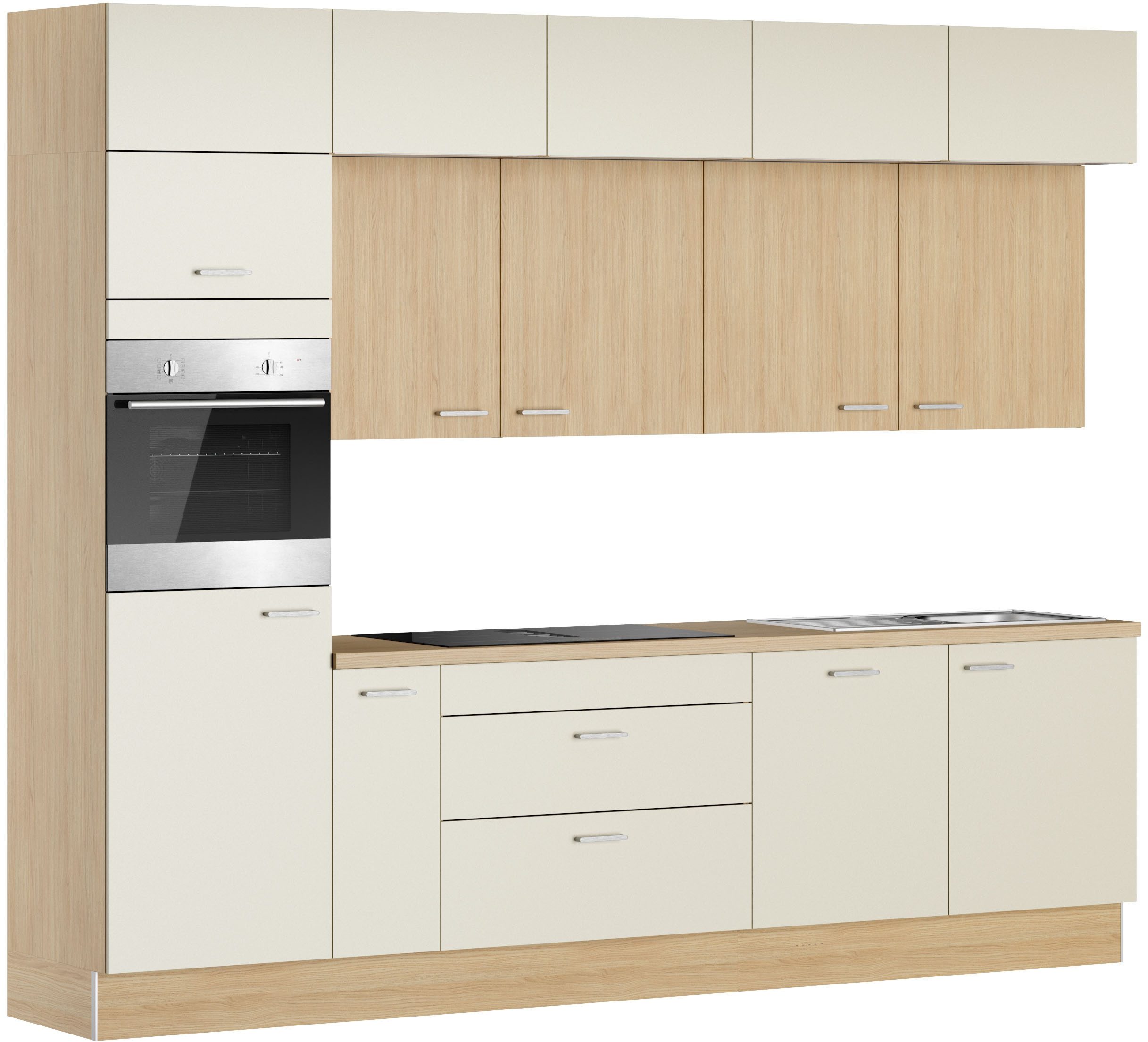 KOCHSTATION Küchenzeile KS-Lucy wahlweise mit Induktionskochfeld mit integriertem Dunstabzug, Breite 300 cm, Soft-Close, inkl. Zubehör, wahlweise mit E-Geräten