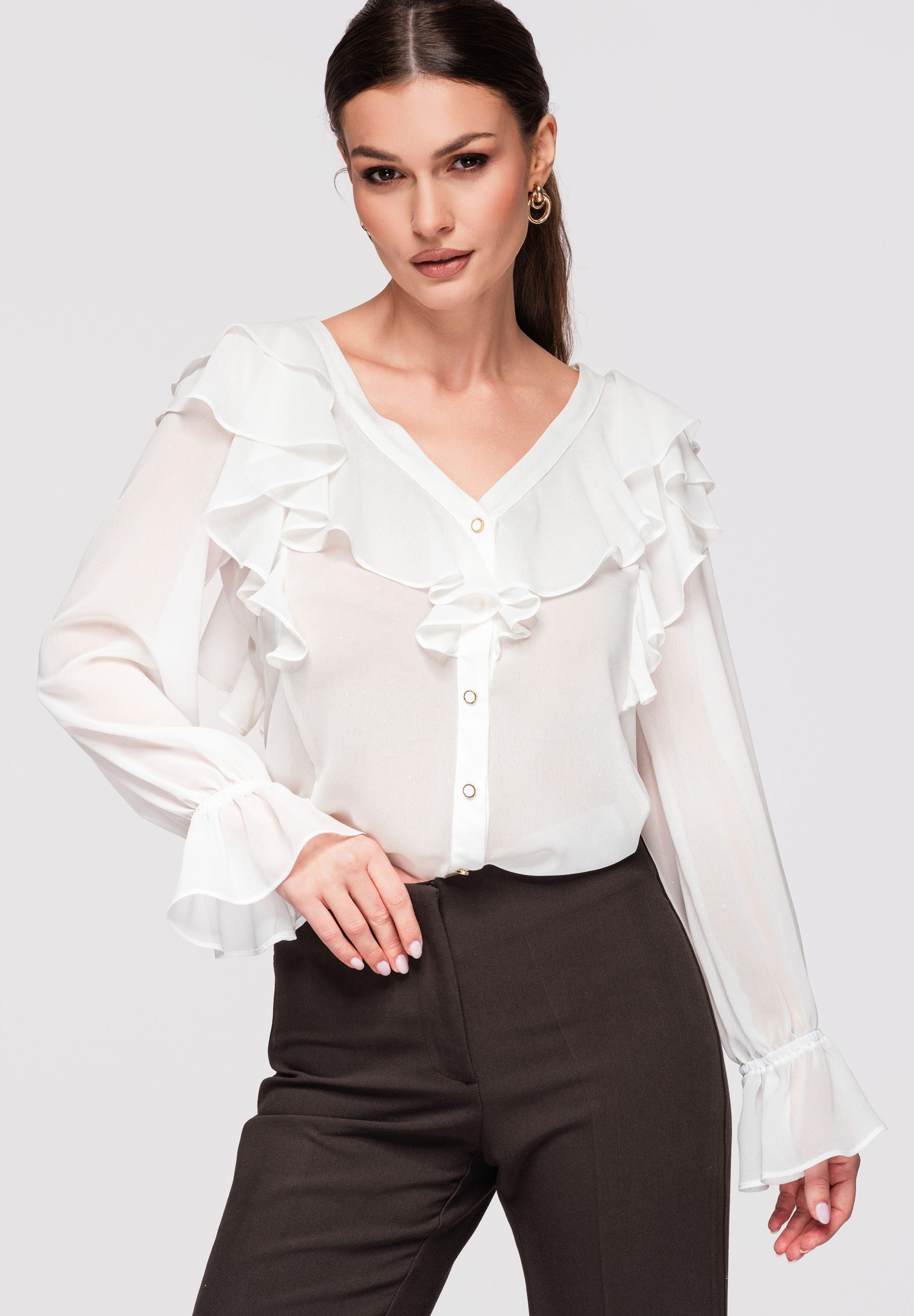 OMBRE Hemdbluse Damen Bluse mit Volants Elegant Ecru L (kein Set, 1-tlg) Volants an Dekolleté und Schultern