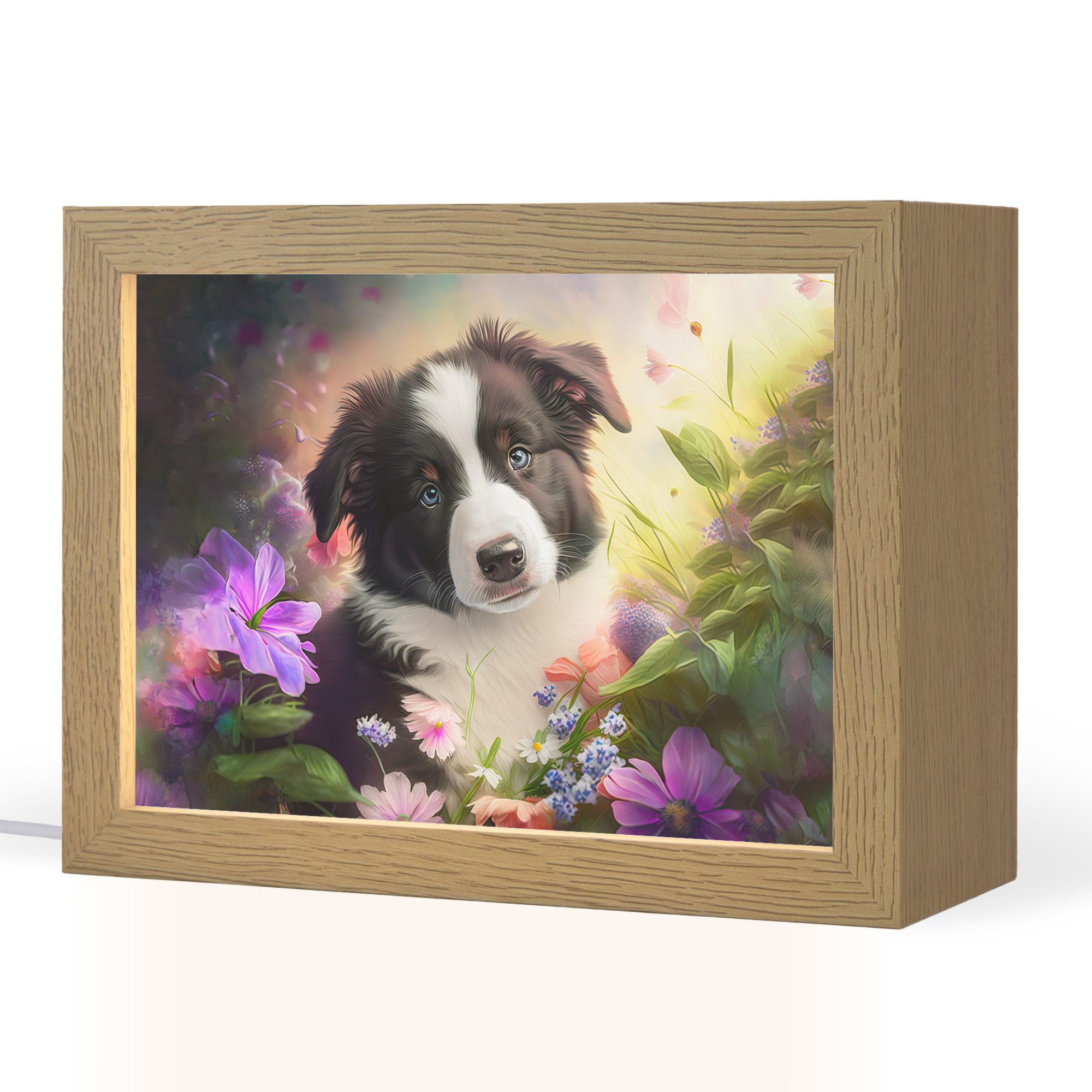OnlyWow Nachttischlampe Lightbox Welpe - Sonne - Blumen - Natur - Border Collie - Hund - Mädch, Dimmbar, Farbwechsel, LED, Warmweiß, Kaltweiß, Neutralweiß Einstellbar, Nachtlicht, Kinder- und Babyzimmer, Dimmbar, mit Kabel, Tischleuchte