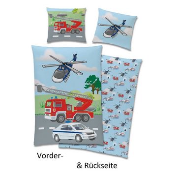 Kinderbettwäsche mit Feuerwehr & Polizei Motiv für Jungen Blau Grau 135x200 80x80 cm, Familando, Renforcé, 2 teilig, mit Wendeseite und 2. Motiv auf Kopfkissen