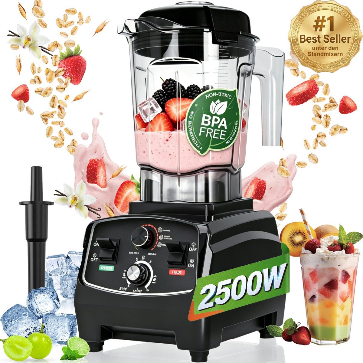 ibettertec Standmixer 2026 Neu 2500W Blender, 2 L Mixer Smoothie Maker, Shaker für Protein, 38.000 U/Min Hochleistungsmixer, mit Rührstab, Selbstreinigend, Timer