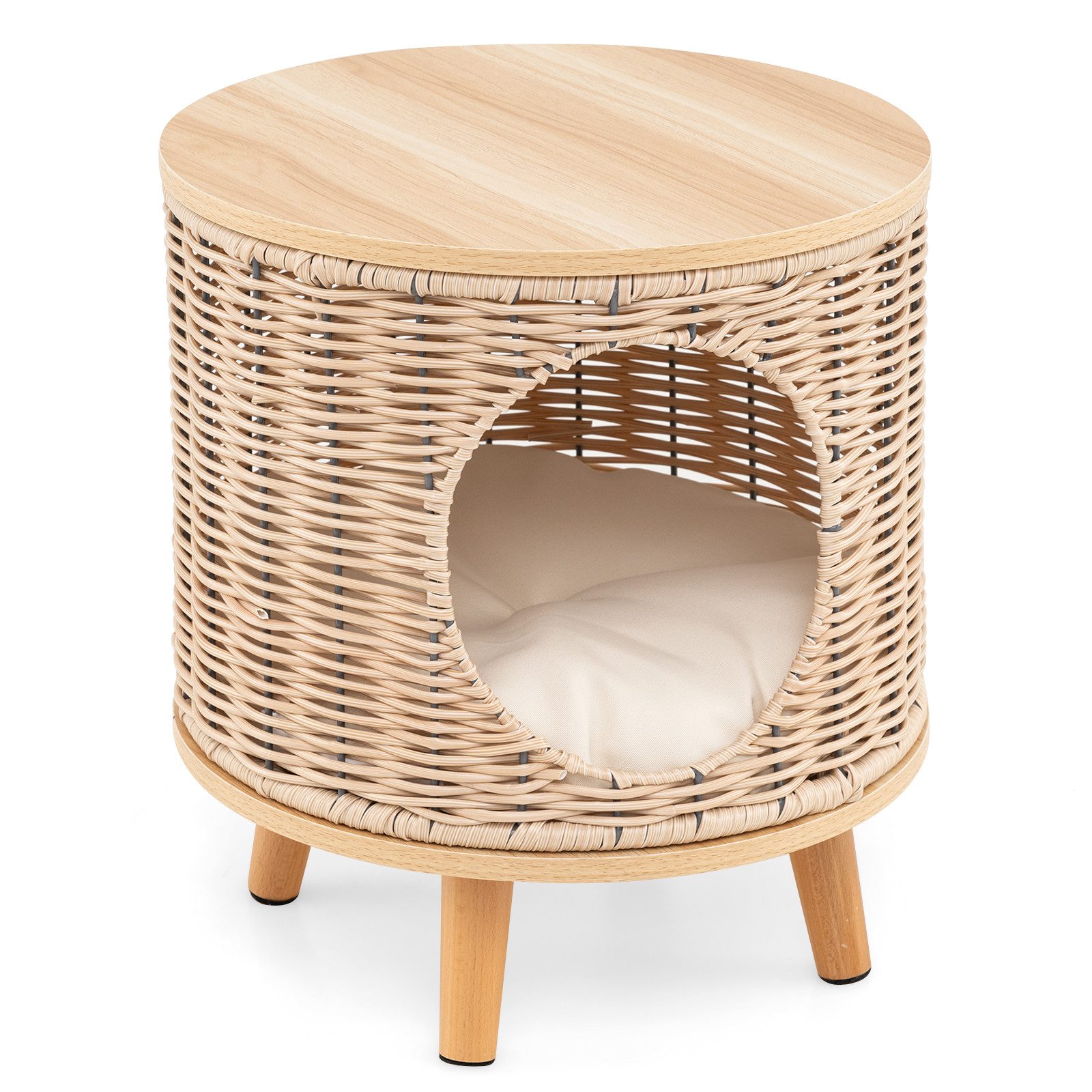 COSTWAY Tierhaus, Katzenhaus Rattan, 3 in 1 Katzenhöhle, Fußhocker, Nachttisch