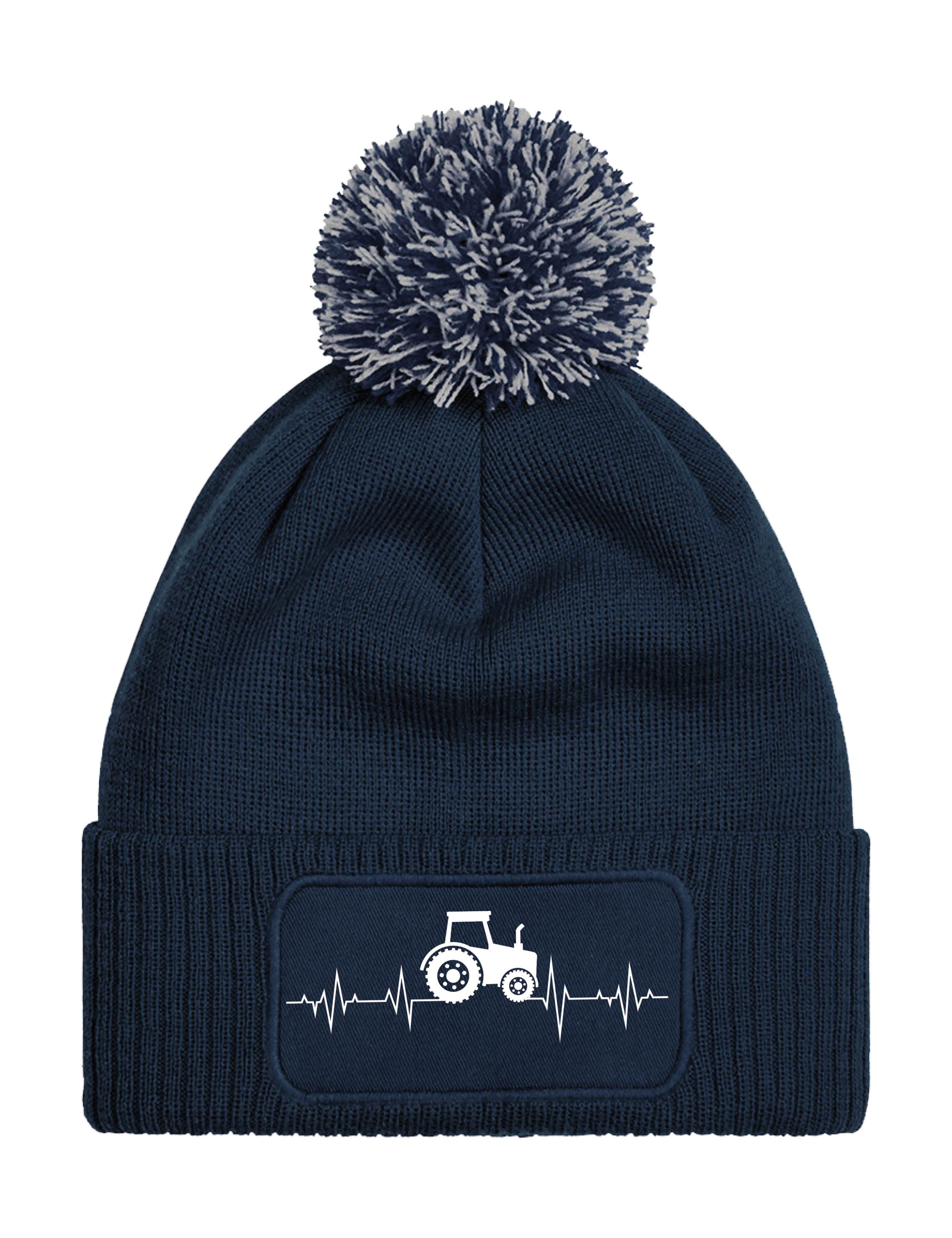 Youth Designz Beanie Unisex Strick Bommel Beanie Mütze mit Heartbeat Traktor Aufdruck mit lustigen Motiv für Männer und Frauen