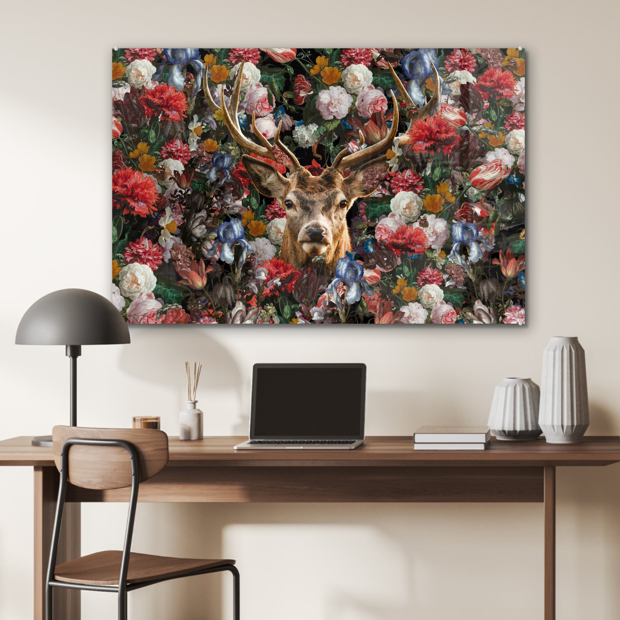 MuchoWow St), Geweihe - - Schlafzimmer (1 Blumen, & Acrylglasbild Wohnzimmer Hirsche Acrylglasbilder