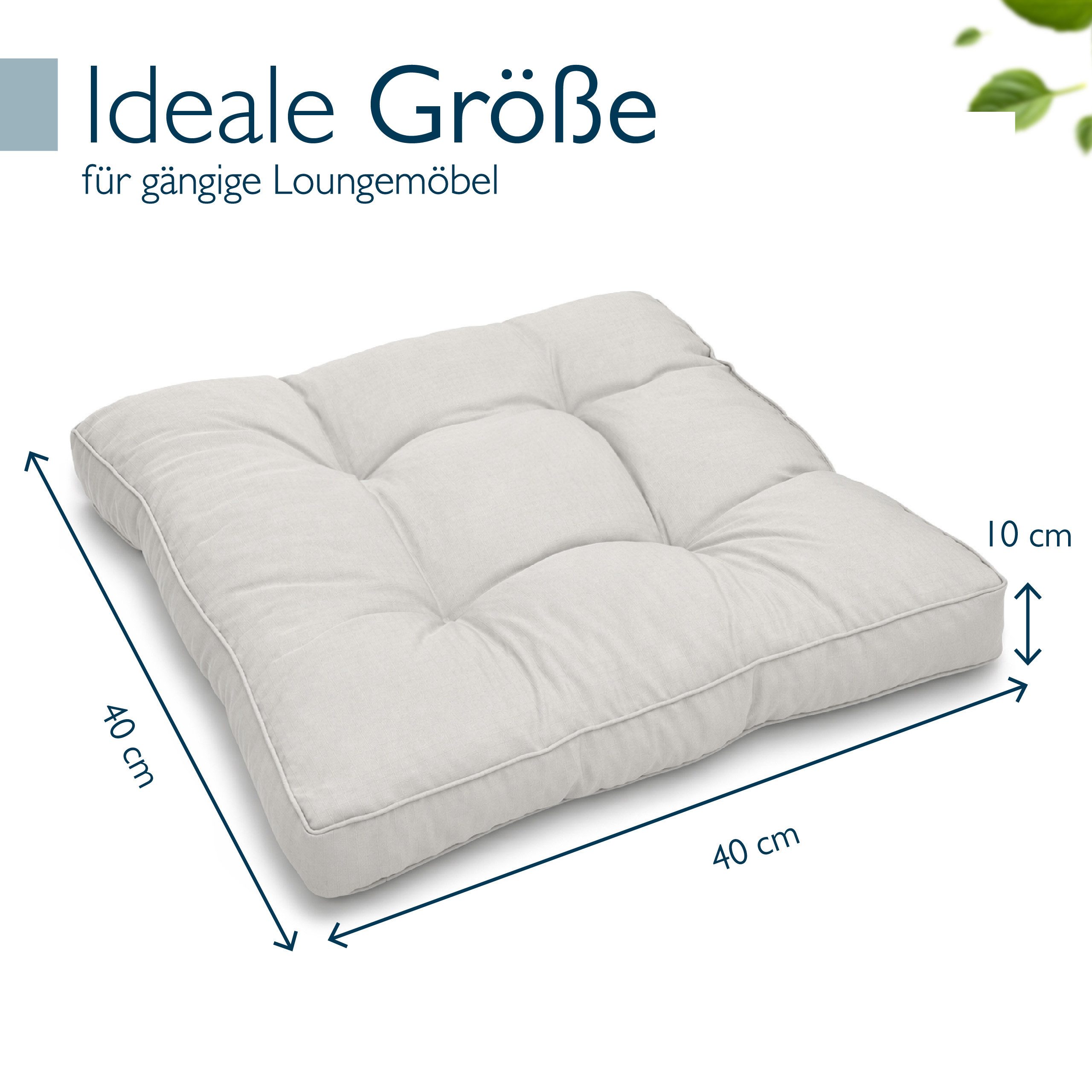 Beautissu Sitzkissen Lounge Kissen Outdoor Hellgrau XLuna, 40x40cm, Sitzkissen Gartenstuhl 10 cm dick Sitzpolster Auflagen für Gartenmöbel