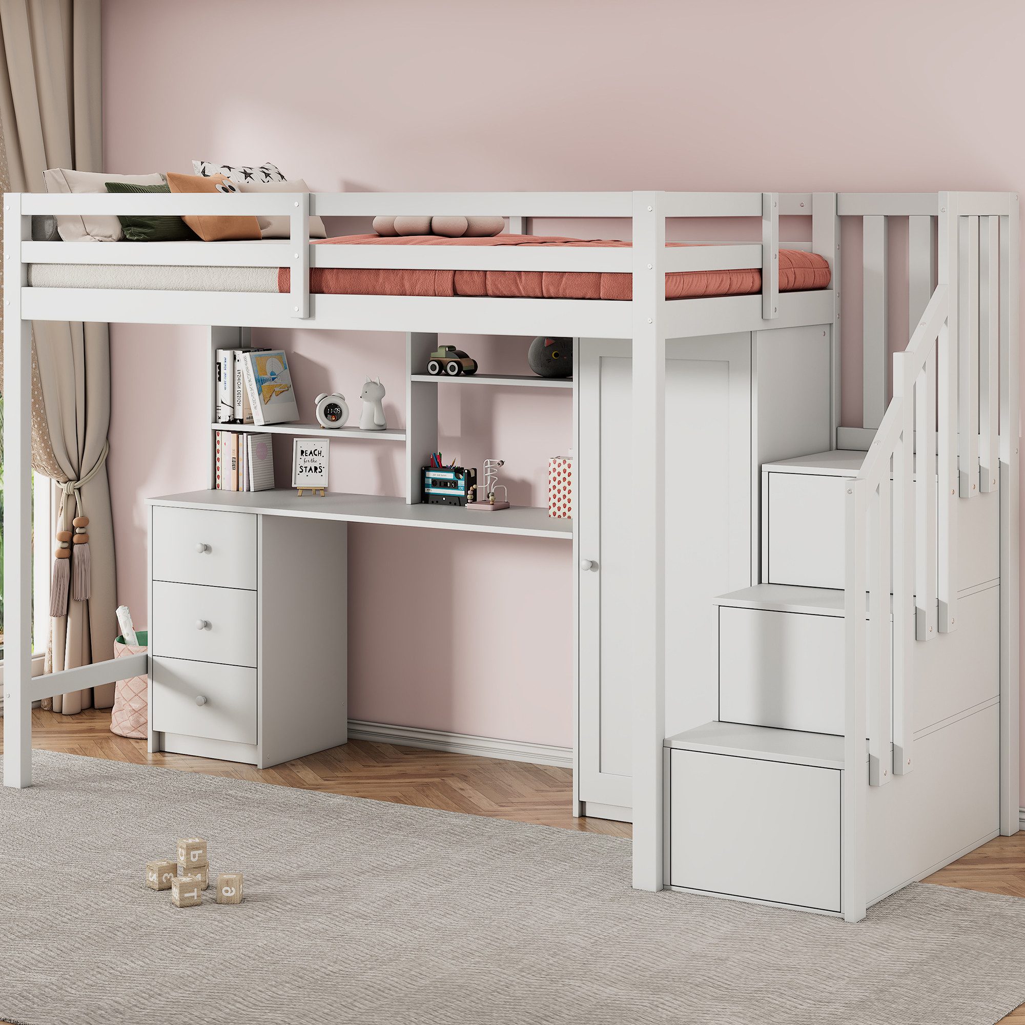 REDOM Etagenbett mit Aufbewahrungsschrank (Doppelbett, multifunktionales Kinderbett, 90*200, ohne Matratze, 3 Schubladen, 3 Treppenschränken), mit Treppe, Schreibtisch und Kleiderschrank