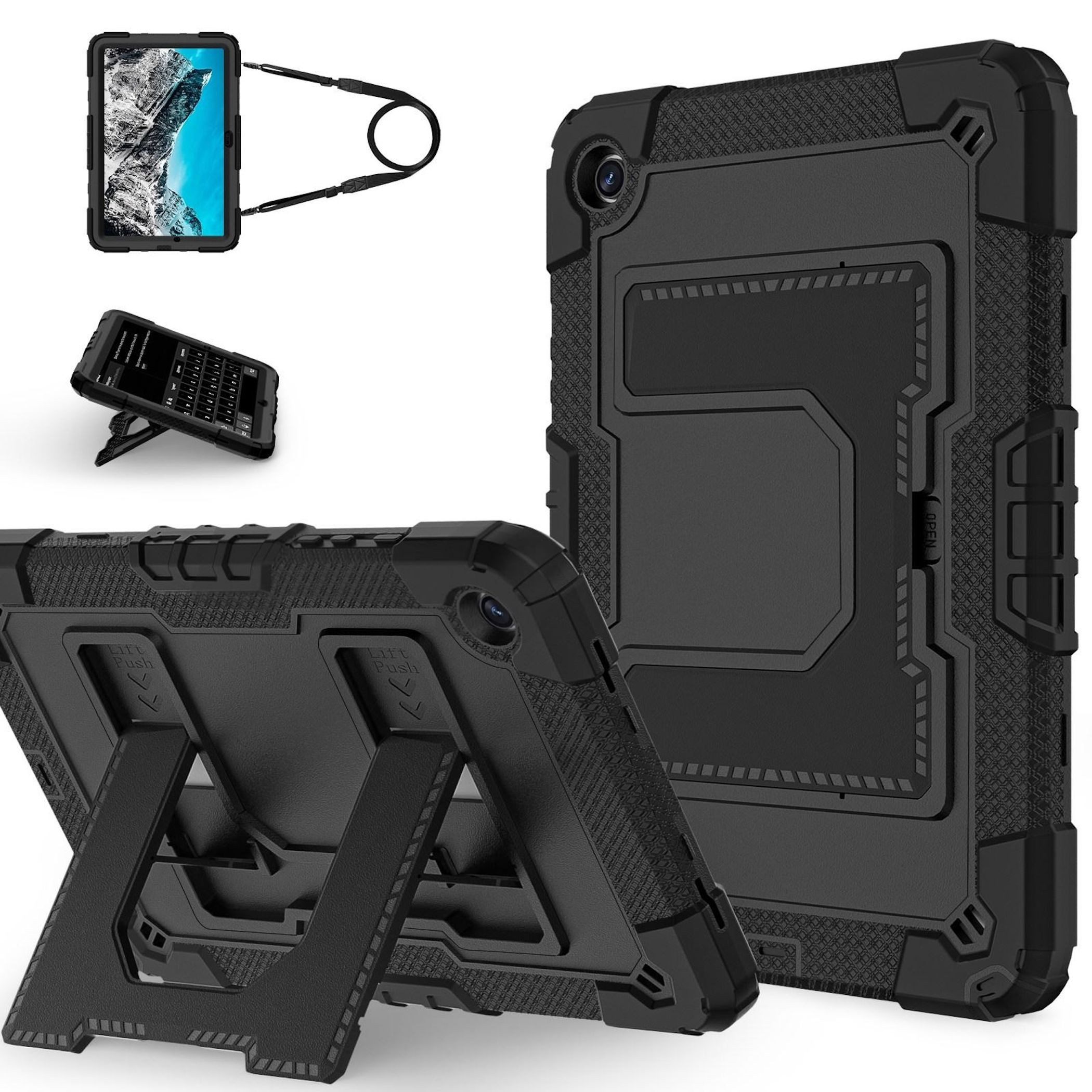 Wigento Tablet-Hülle Für Samsung Galaxy Tab A11 Plus Silikon Hybrid PC Holder Hülle Schwarz, Big Holder, Schultergurt, stoßabsorbierend