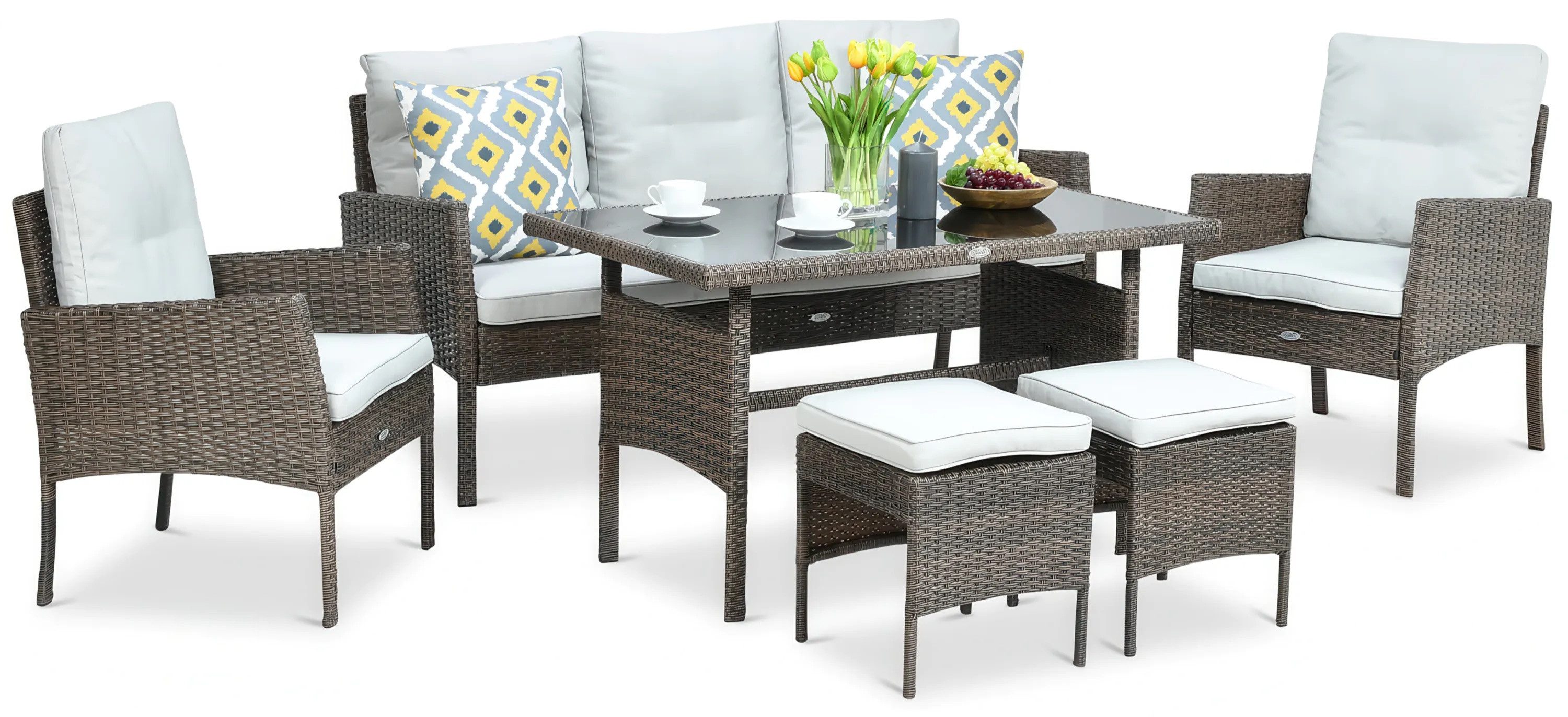 Focus Garden Gartenlounge-Set "CORTINA" Polyrattan mit Tisch + Hocker, Witterungsbeständig, (7-tlg), für bis zu 7 Personen, mit Kissen, Gartenmöbel-Set