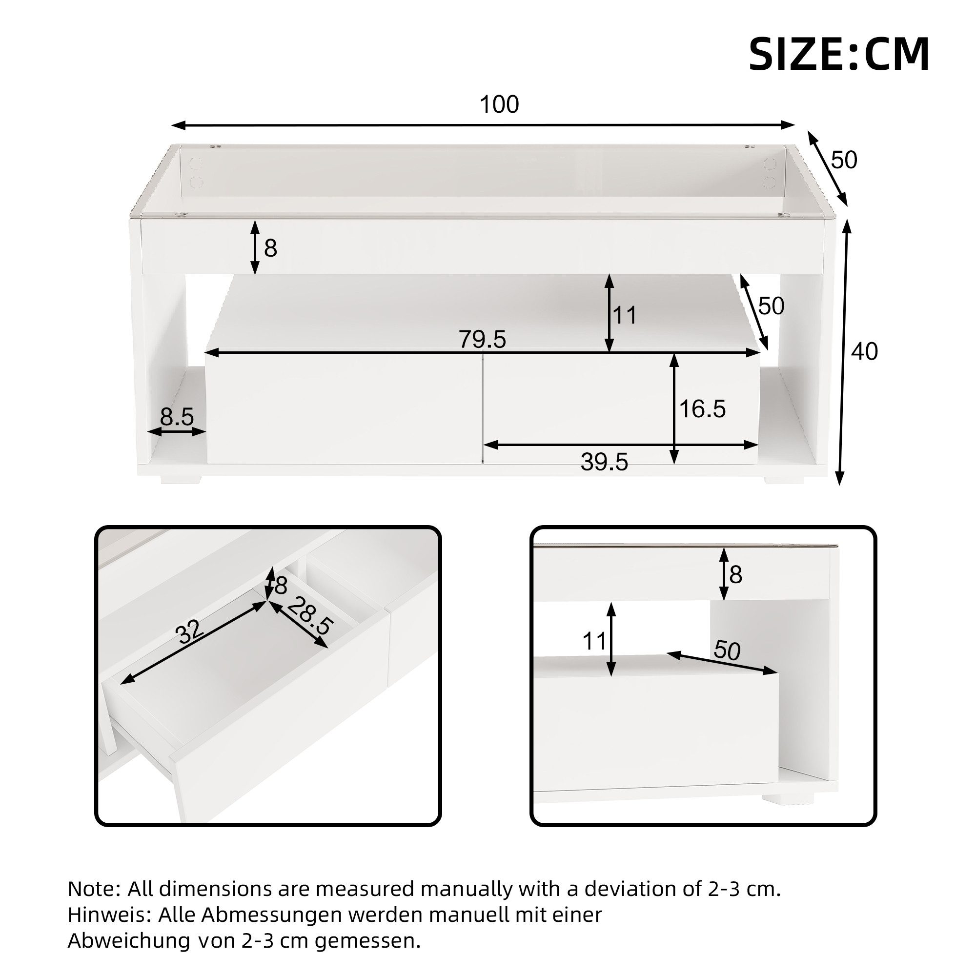 CARPAT SPORT Couchtisch Moderner Couchtisch mit 16-Farben LED-Beleuchtung (Eleganter Wohnzimmertisch mit großzügigem Stauraum), Praktischer Glas-Sofatisch mit S – Bild 3 von 5