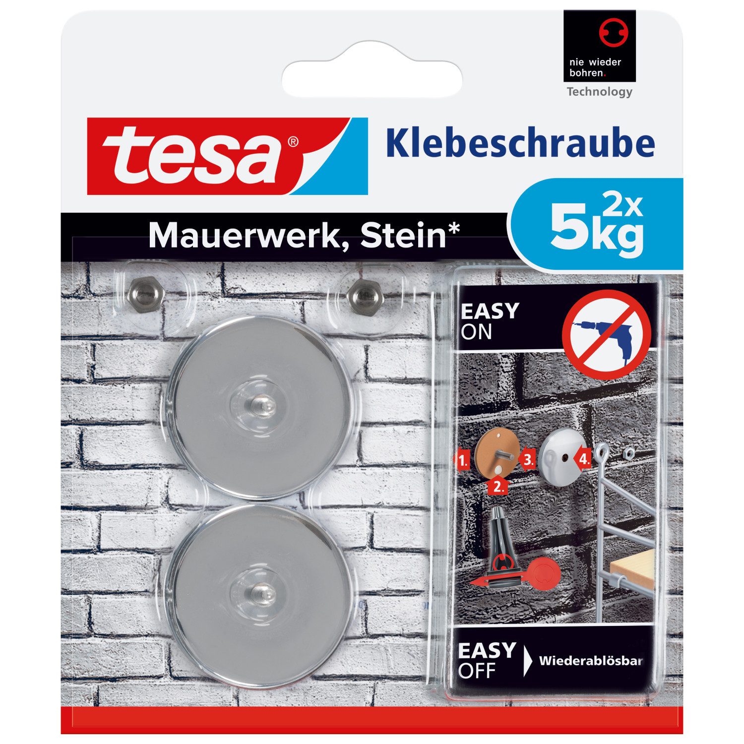 Klebehaken 2x tesa Klebeschraube für Mauerwerk und Stein, Halteleistung 5 kg