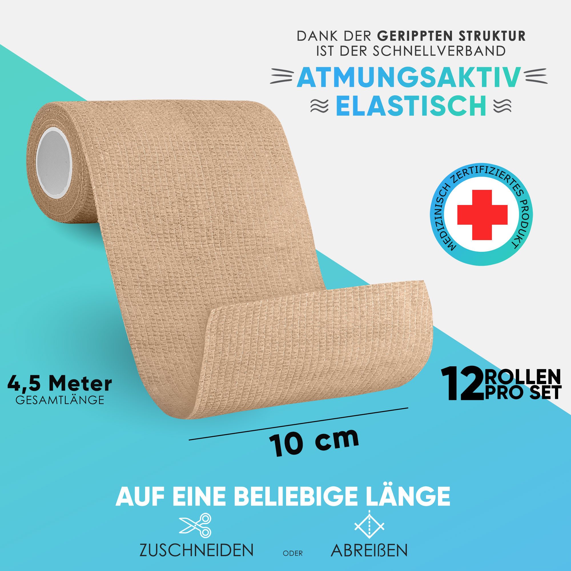 Health Press Bandage Selbstklebender Verband - 12 Elastische Bandagen Rollen (10cm x 4,5m)