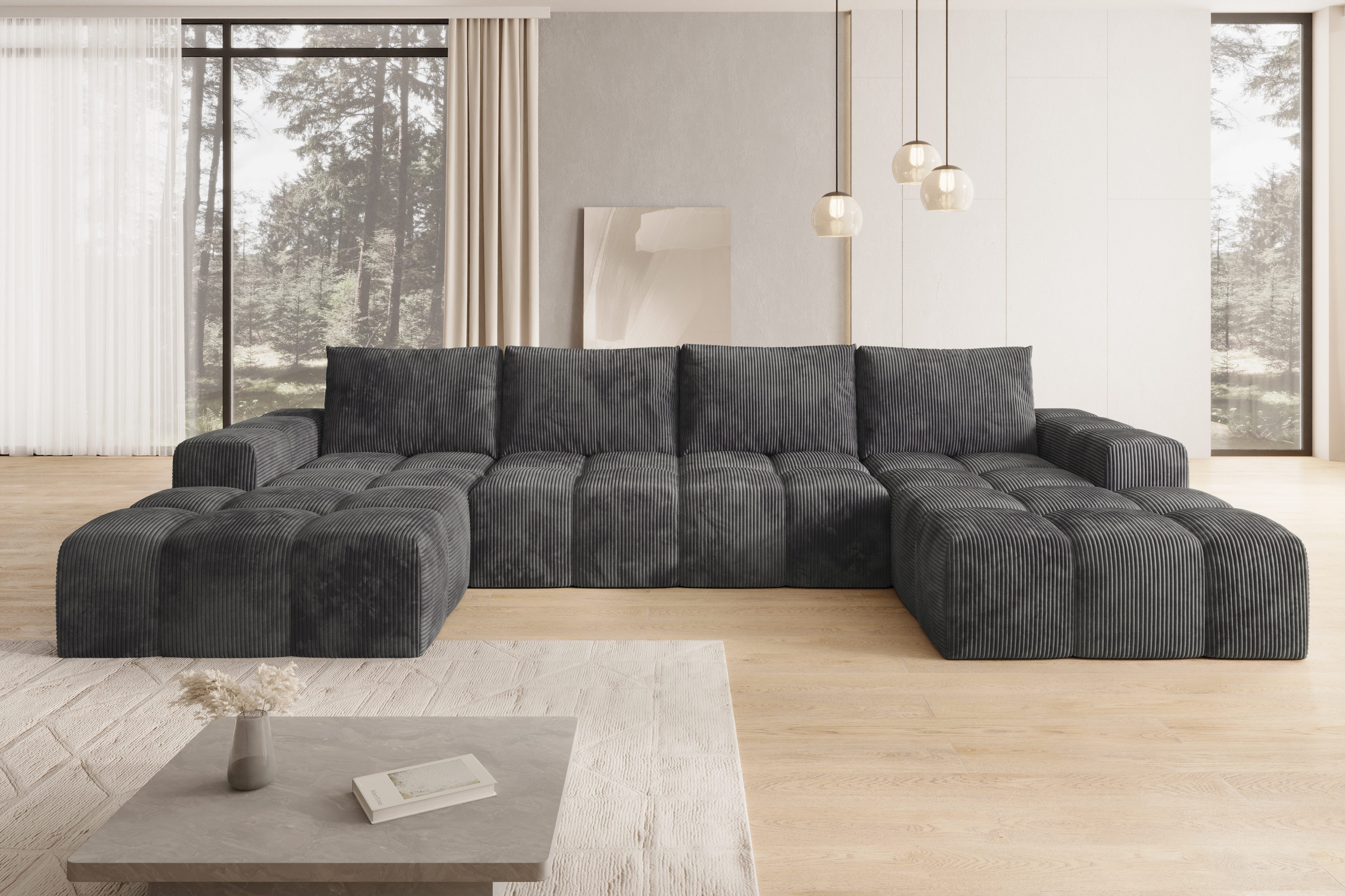 PROMETO Möbel Ecksofa Couch U-Form, Sofa U-Form Teddy-Bouclé, Web oder Cord-Stoff Cento