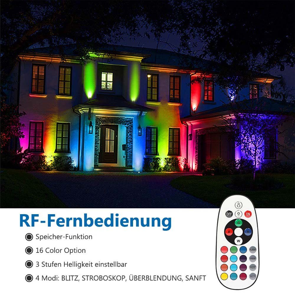 LMaxhome LED Gartenstrahler RGB Strahler Gartenbeleuchtung mit Fernbedienung, 6W(4St), LED fest integriert, 16 Faben, 4 Modi, 90° einstellbar, Memory Funktion, mit 1,5m Kabel Außen Landschaft