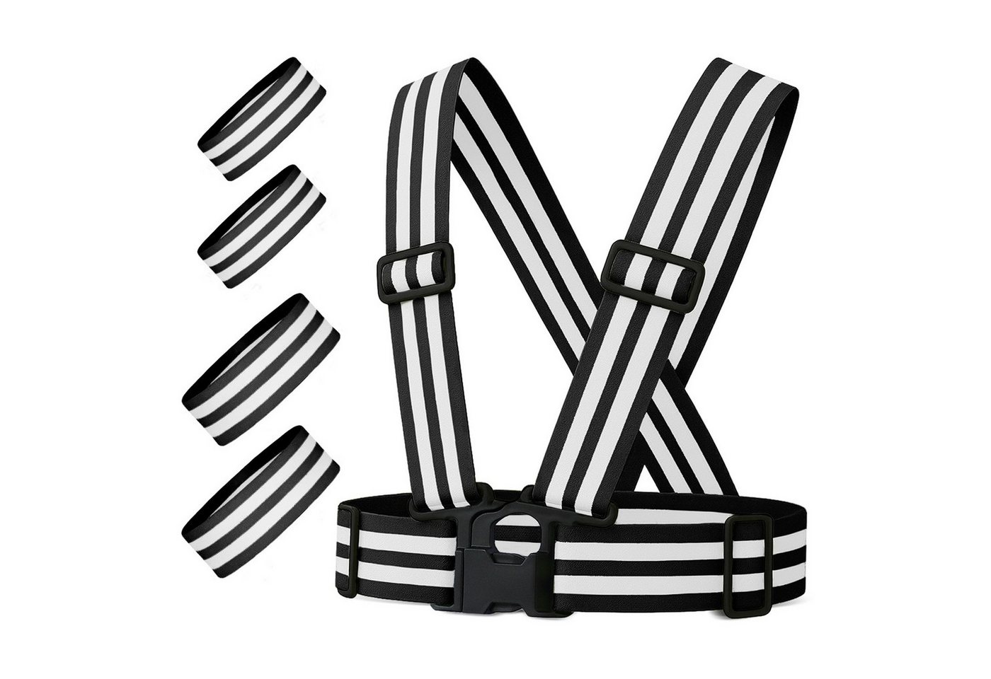 FLEXEO Reflektorband Warnweste und 4 Reflektorbänder, (1 St), verstellbare Signalkleidung für Joggen Radfahren Wandern, schwarz