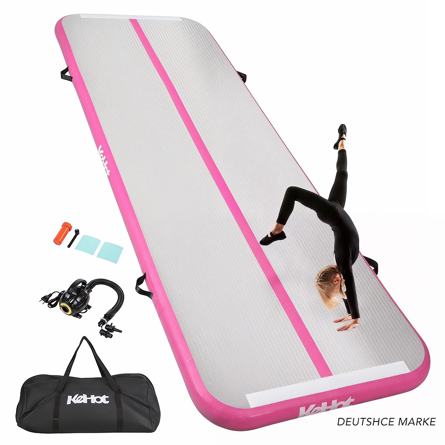 kehot Gymnastikmatte 3 Meter Gymnastikmatte aufblasbar für Zuhause & Training rutschfest (10 cm dicke Polsterung für Yoga, Pilates, Cheerleading & Gymnastik, Mit 600 W Elektropumpe & Überhitzungsschutz für schnelles Aufpumpen), Erhältlich in Blau oder Pink, inkl. Tragetasche und Reparaturset