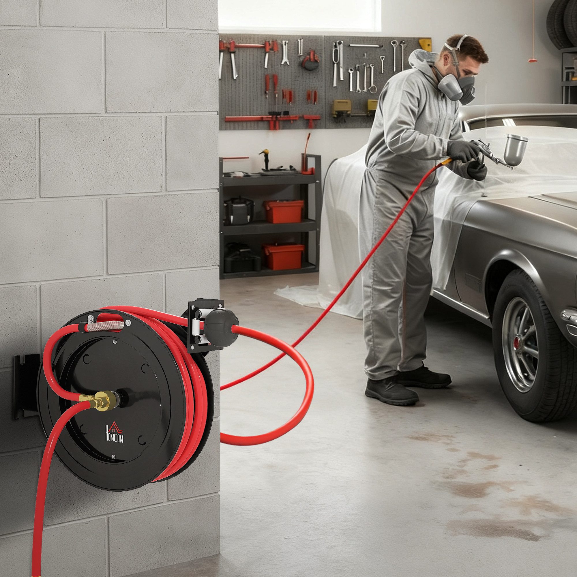 HOMCOM Schlauchtrommel mit automatischer Aufwicklung und beliebiger Длинаnverriegelung, (Gartenschlauch, 1-tlg., Wasserschlauchtrommel), für Gärten, Terrassen, Schwarz+Rot