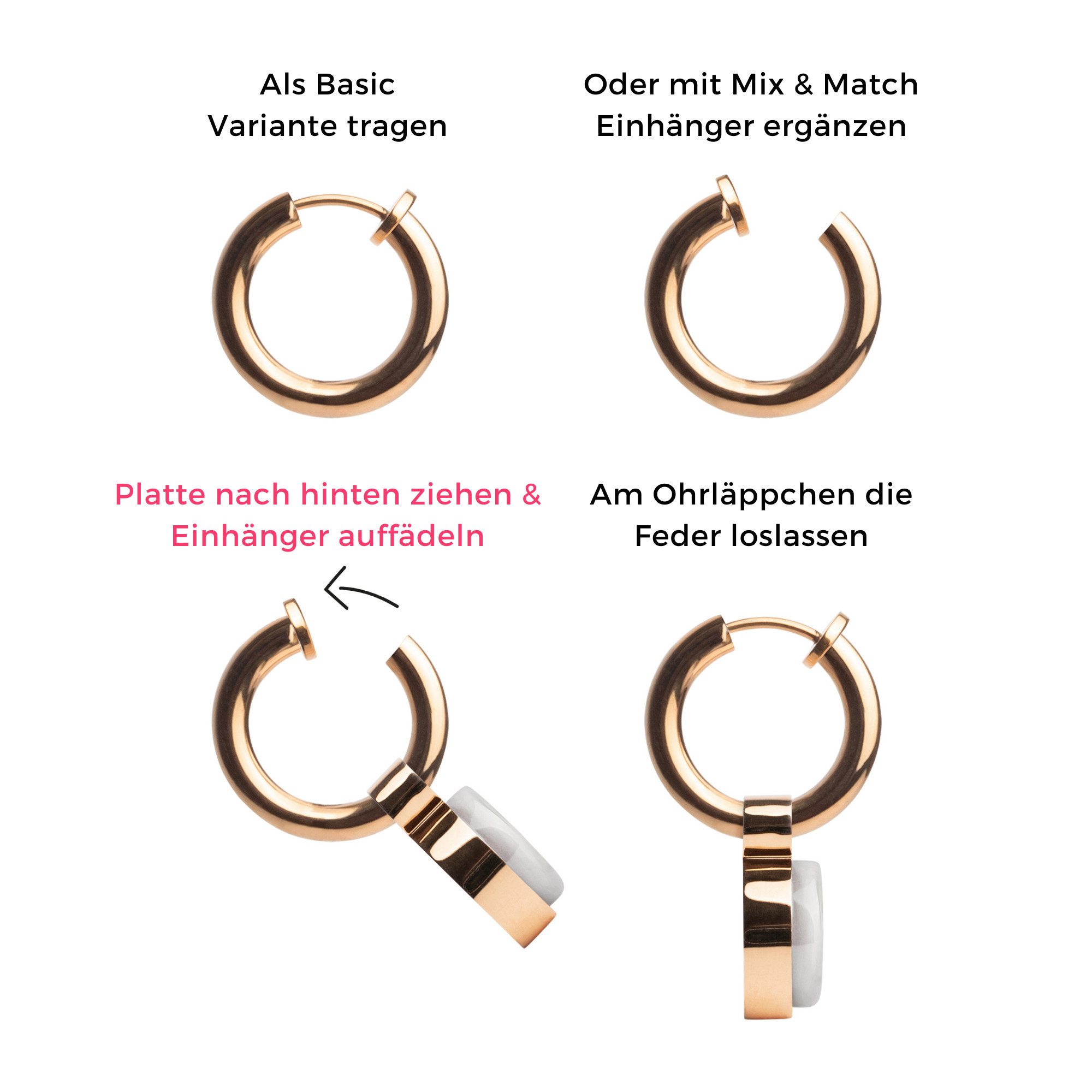 ALEXASCHA Paar Ohrclips Clip Creolen mit Einhänger • Mix & Match Ohrringe ohne Ohrloch • 14mm