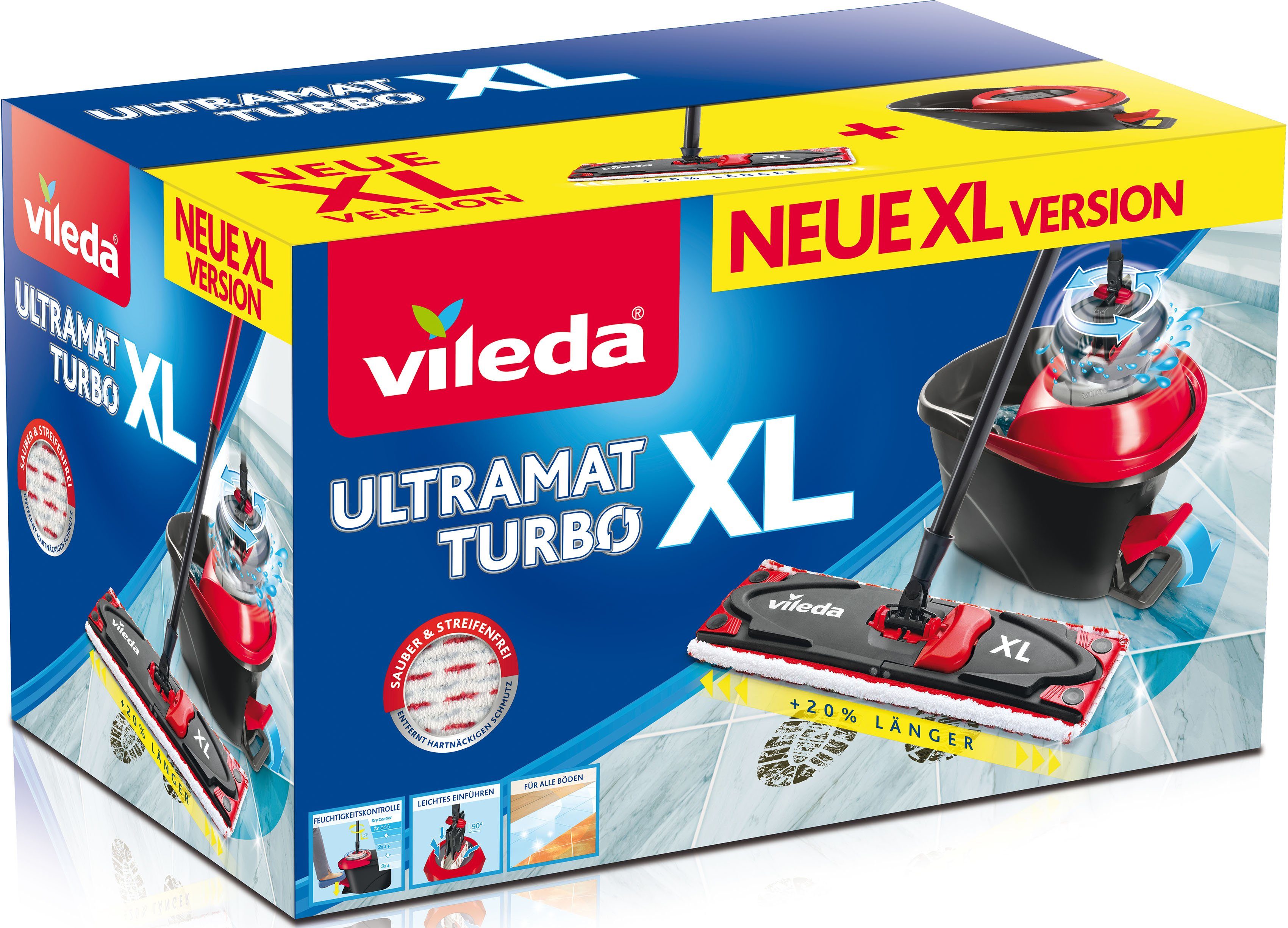 Vileda Bodenwischer-Set Ultramax XL Turbo Box, (Set, 3-St., Stiel, extragroßer Wischbezug, Powerschleuder und Fußpeda), ideal für große Flächen