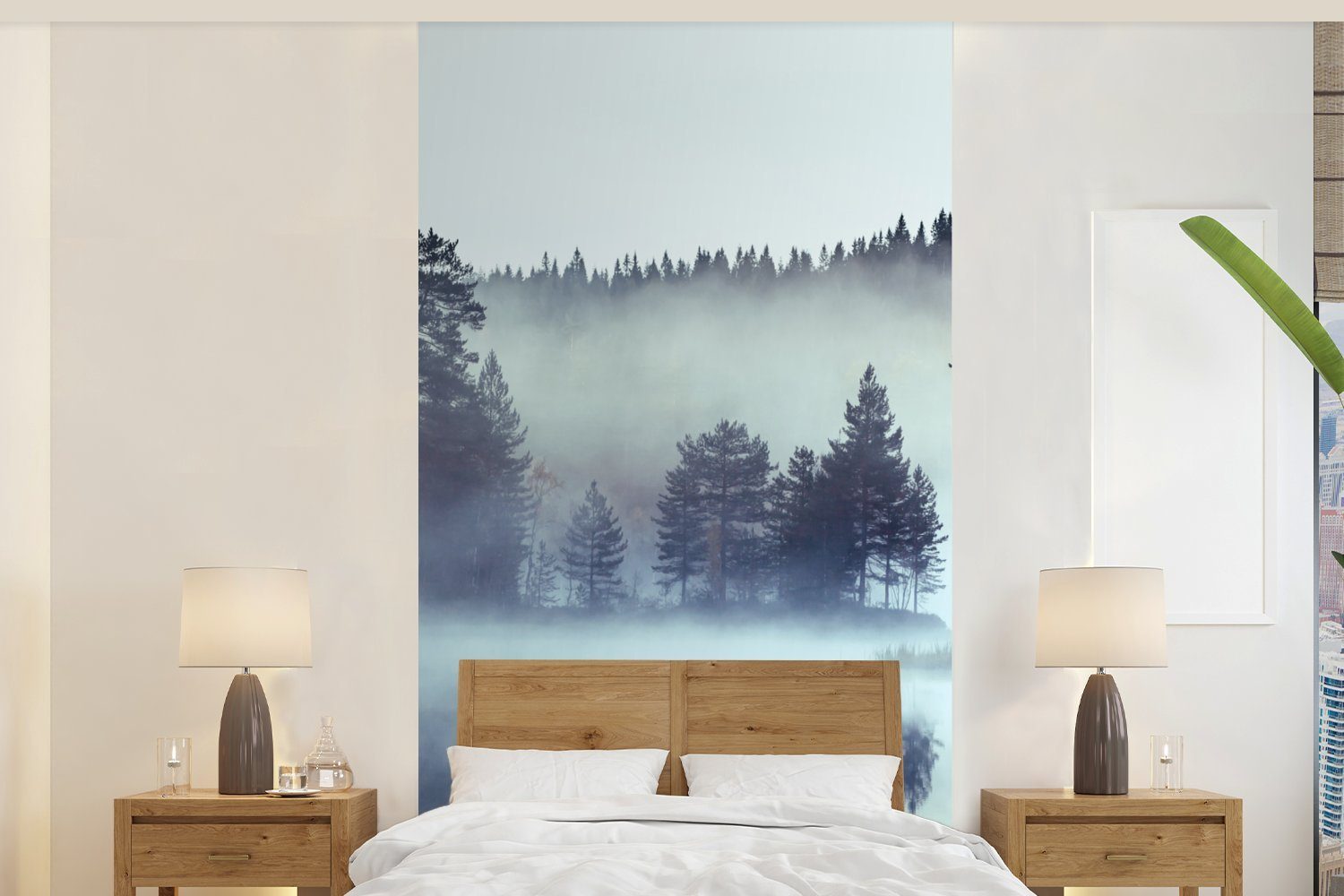 MuchoWow Fototapete Wald - Nebel - Winter, Matt, bedruckt, (2 St), Vliestapete für Wohnzimmer Schlafzimmer Küche, Fototapete