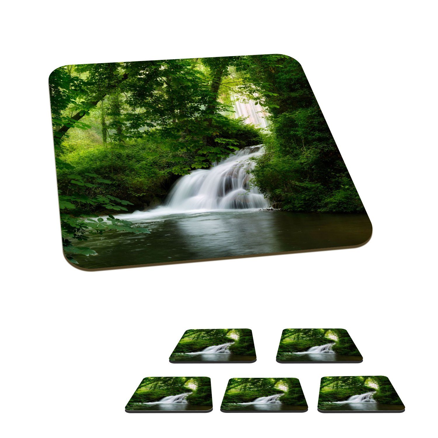 MuchoWow Glasuntersetzer Wasserfall - Natur - Grün, Zubehör für Gläser, 6-tlg., Glasuntersetzer, Tischuntersetzer, Korkuntersetzer, Untersetzer, Tasse