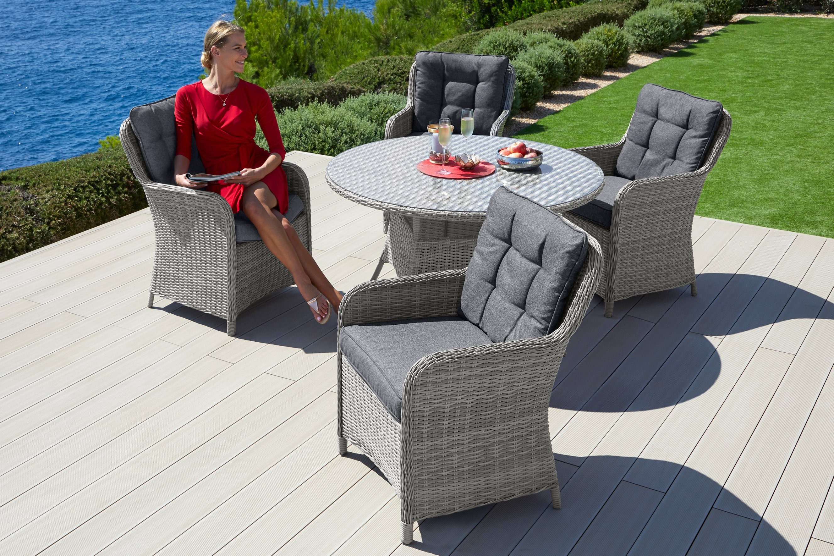 KONIFERA Garten-Essgruppe »Menorca«, (13-tlg), 4 Stühle, Tisch Ø 120 cm,  Polyrattan online kaufen | OTTO