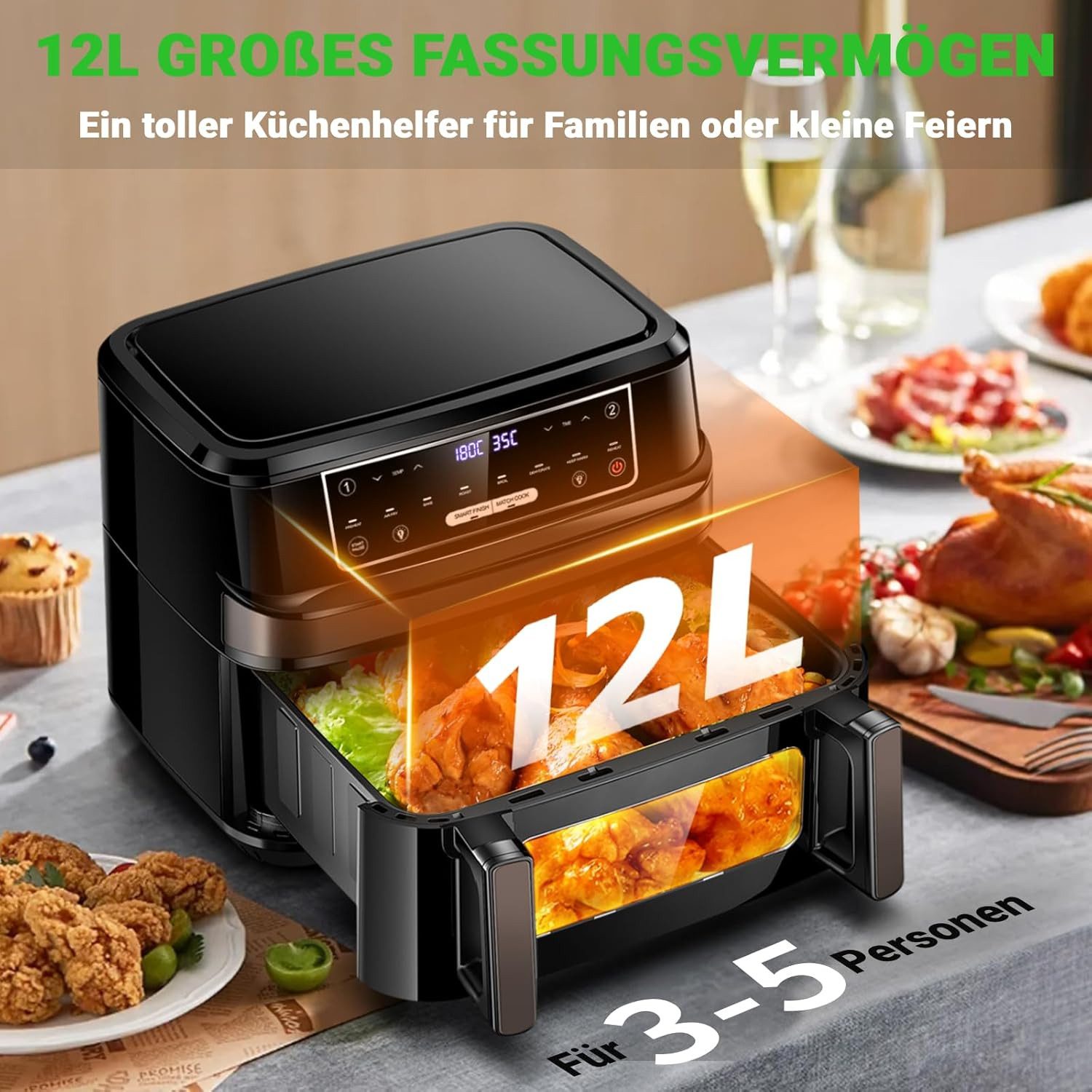 GIDGIMO Heißluftfritteuse 12L XXL 2-in-1 Dual-Zone-Technologie, Doppel-Heizelement Air Fryer, 2600 W, Smart Finish & Match Cook, 8 Programme, Inkl.Trennwand & R – Bild 5 von 5