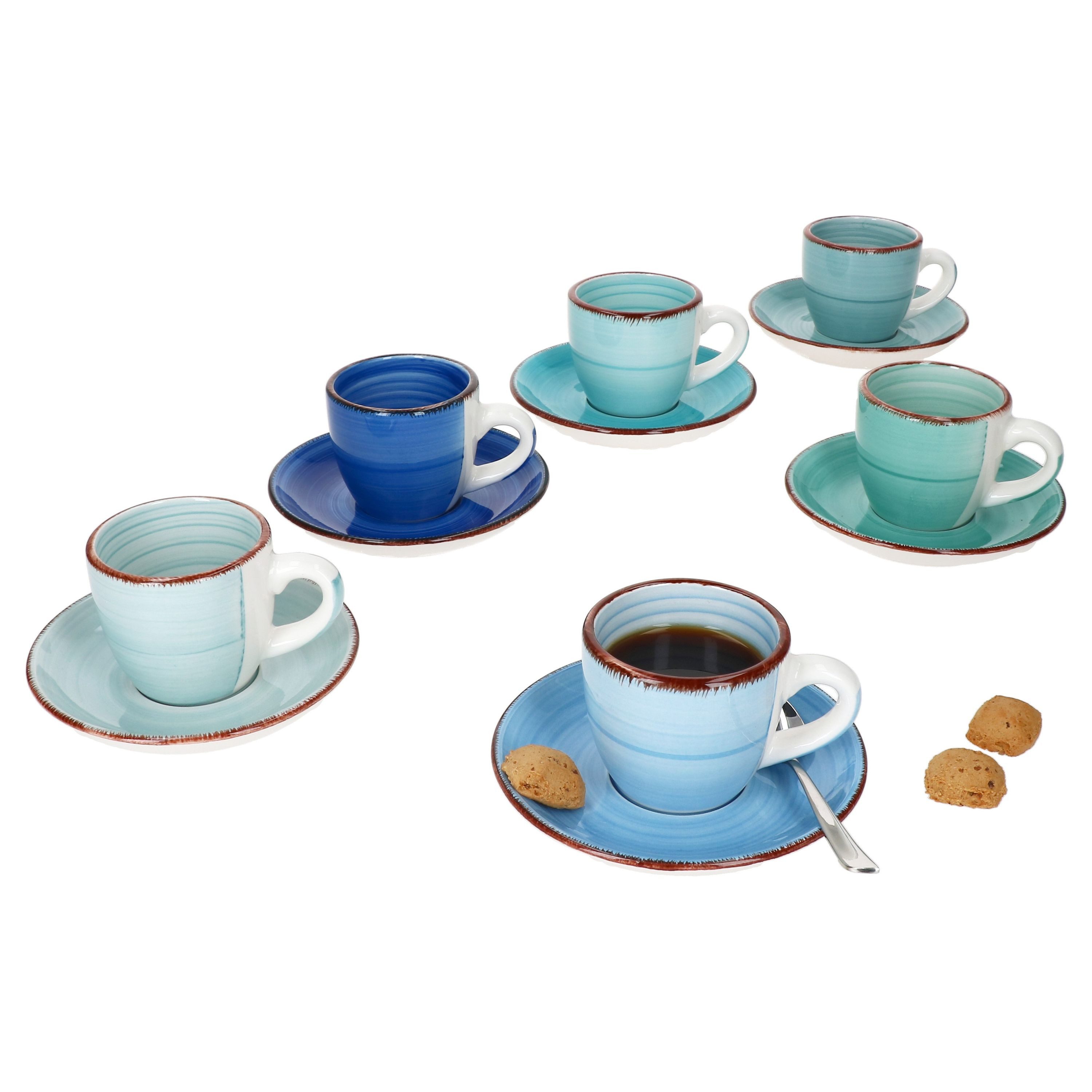 MamboCat Tasse 6er Set Blue Espressotassen mit Untertassen Blautöne 80ml Steingut, Steingut