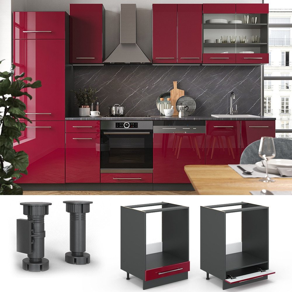 Vicco Herdumbauschrank Fame-Line, Bordeaux Hochglanz/Anthrazit, 60 cm ohne Arbeitsplatte (1-St) – Bild 4 von 5