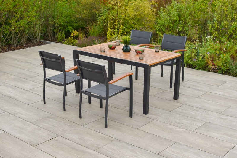 MERXX Garten-Essgruppe Paxos, (Set 5- teilig, Tisch, 4 Stapelsessel, Aluminium mit Textilbespannung und Akazienholz), mit ausziehbarem Tisch