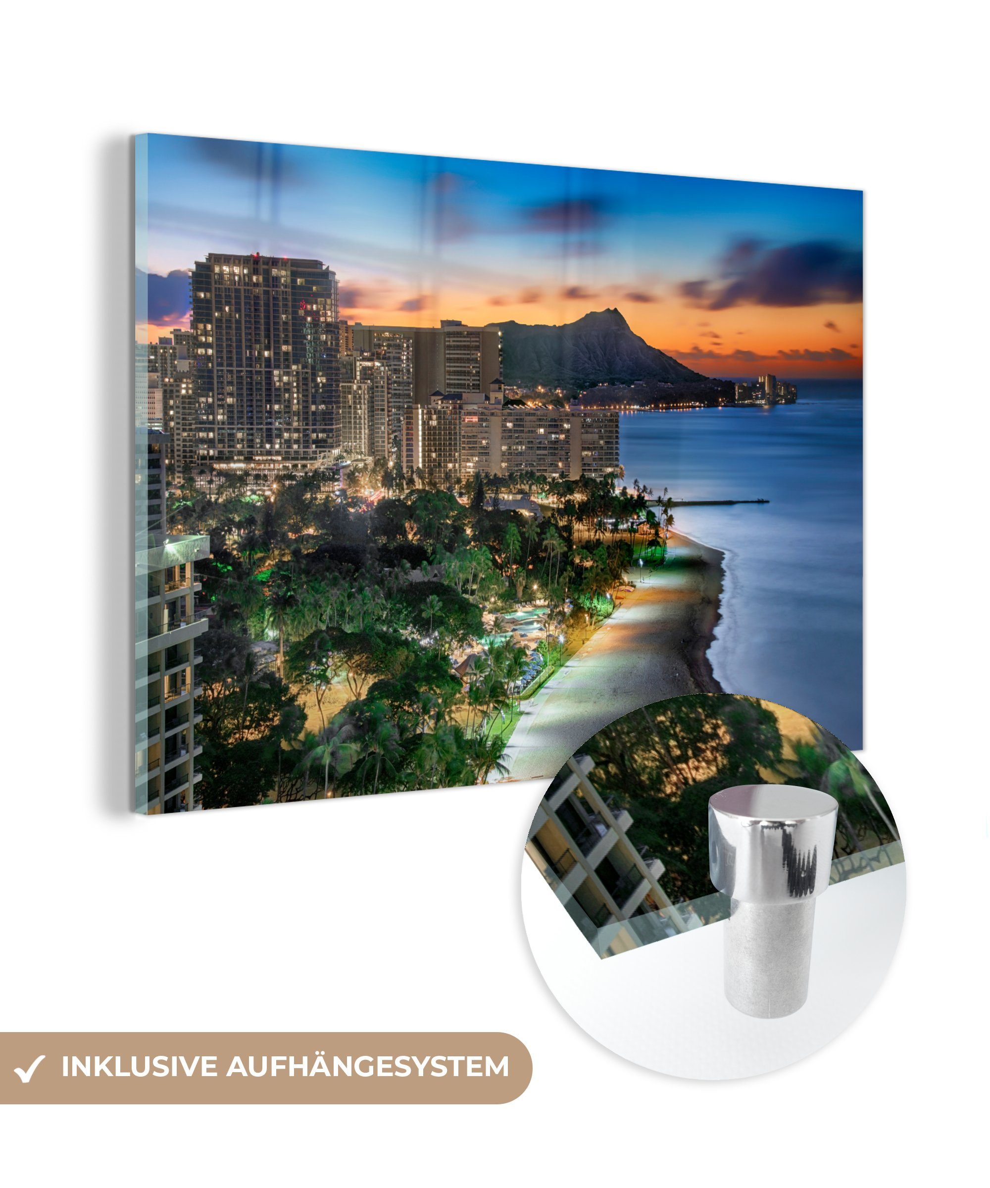 MuchoWow Acrylglasbild Die Sonne geht hinter dem Diamond Head Krater auf Hawaii auf, (1 St), Acrylglasbilder Wohnzimmer & Schlafzimmer