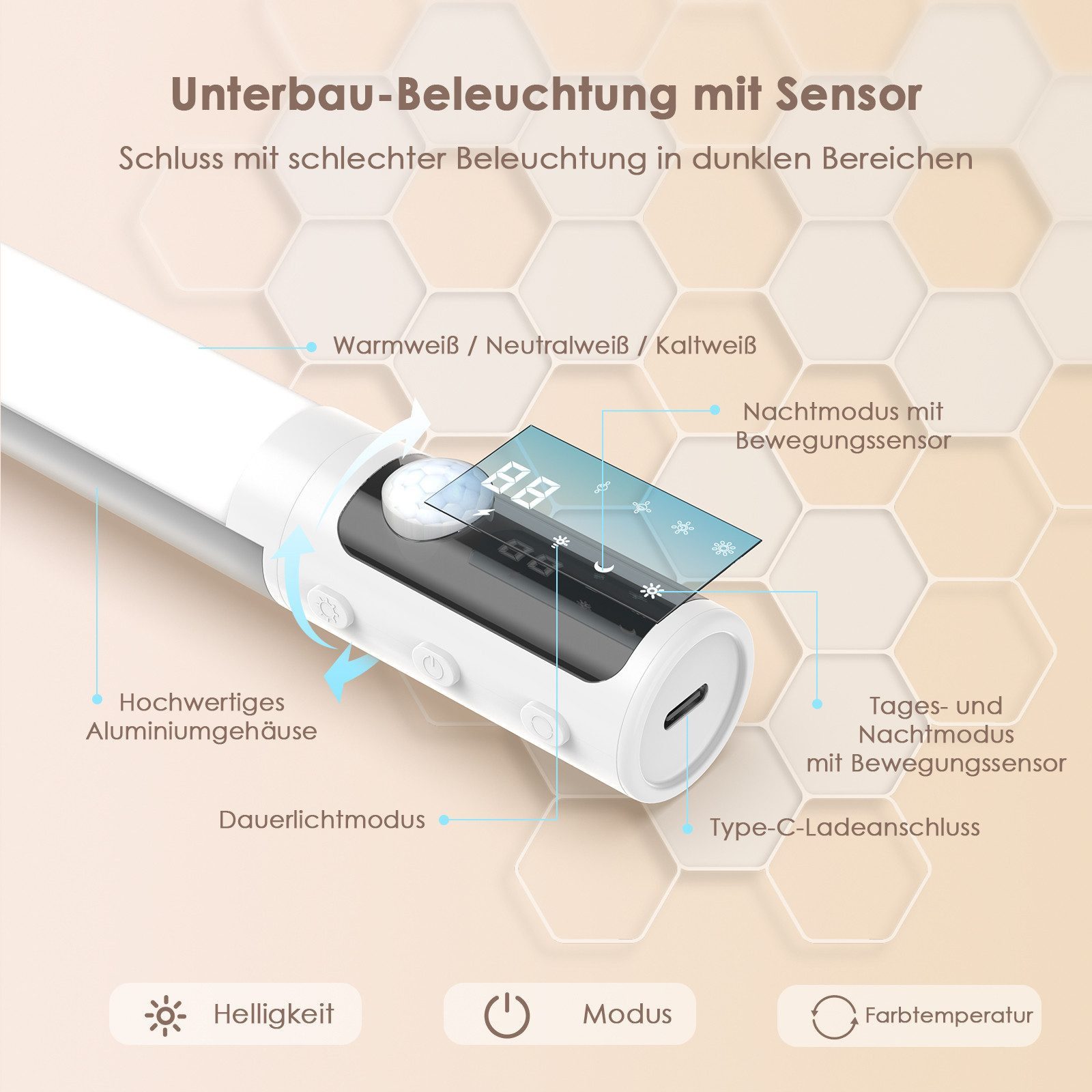 Quntis LED Unterbauleuchte LED Schrankleuchte 38/40 cm Unterschrankleuchte, Küchenunterbauleuchte, 2000 mAh Akku, 3 Farbtemperaturen, LED festintegriert, LED Leiste, Neutralweiß, Kaltweiß, Warmweiß, Schrankbeleuchtung, Unterbauleuchte, Unterbaulampe, Nachtlicht