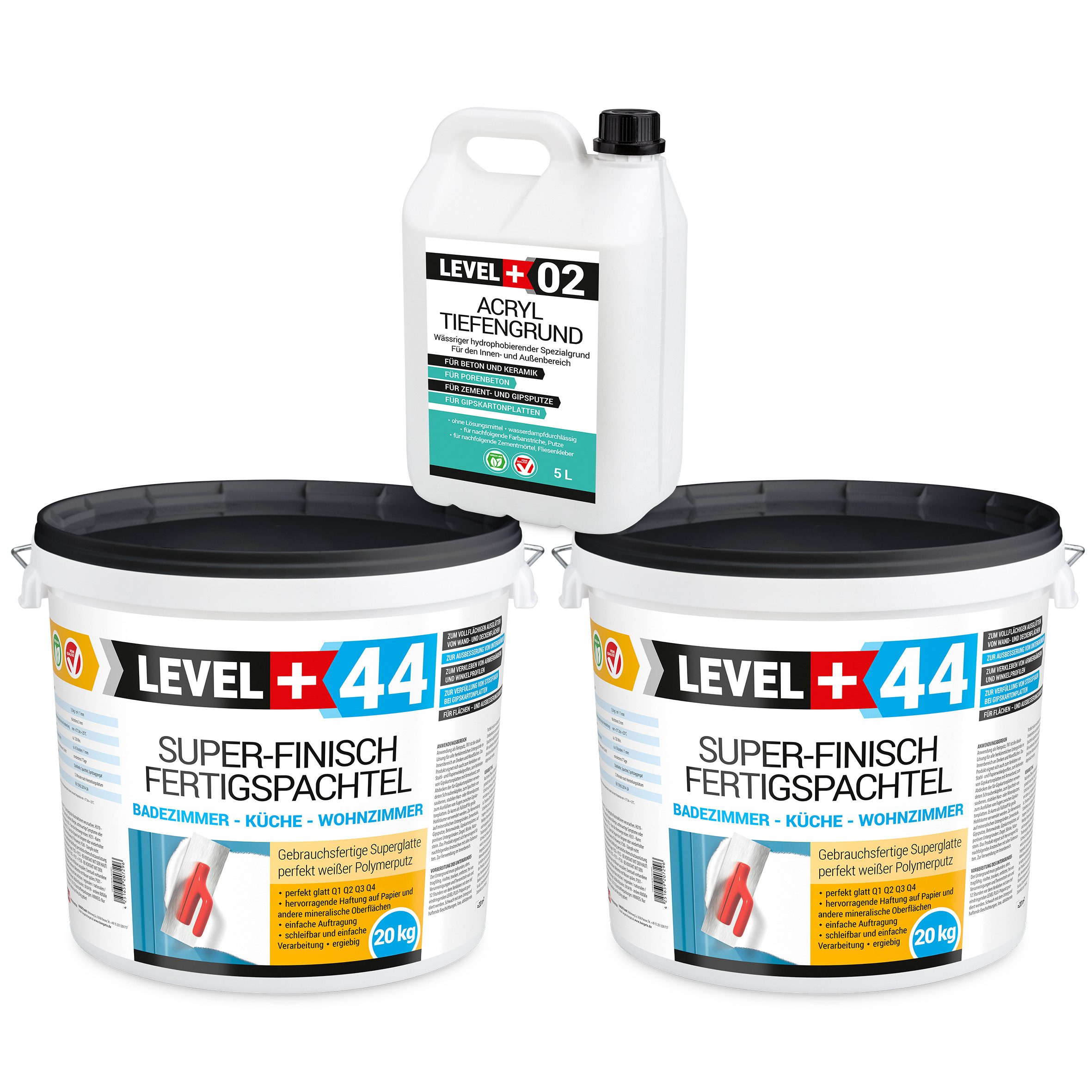 Level+ Fertigspachtel Fertigspachtel 40kg Spachtelmasse und Acryl Tiefengrund SET605