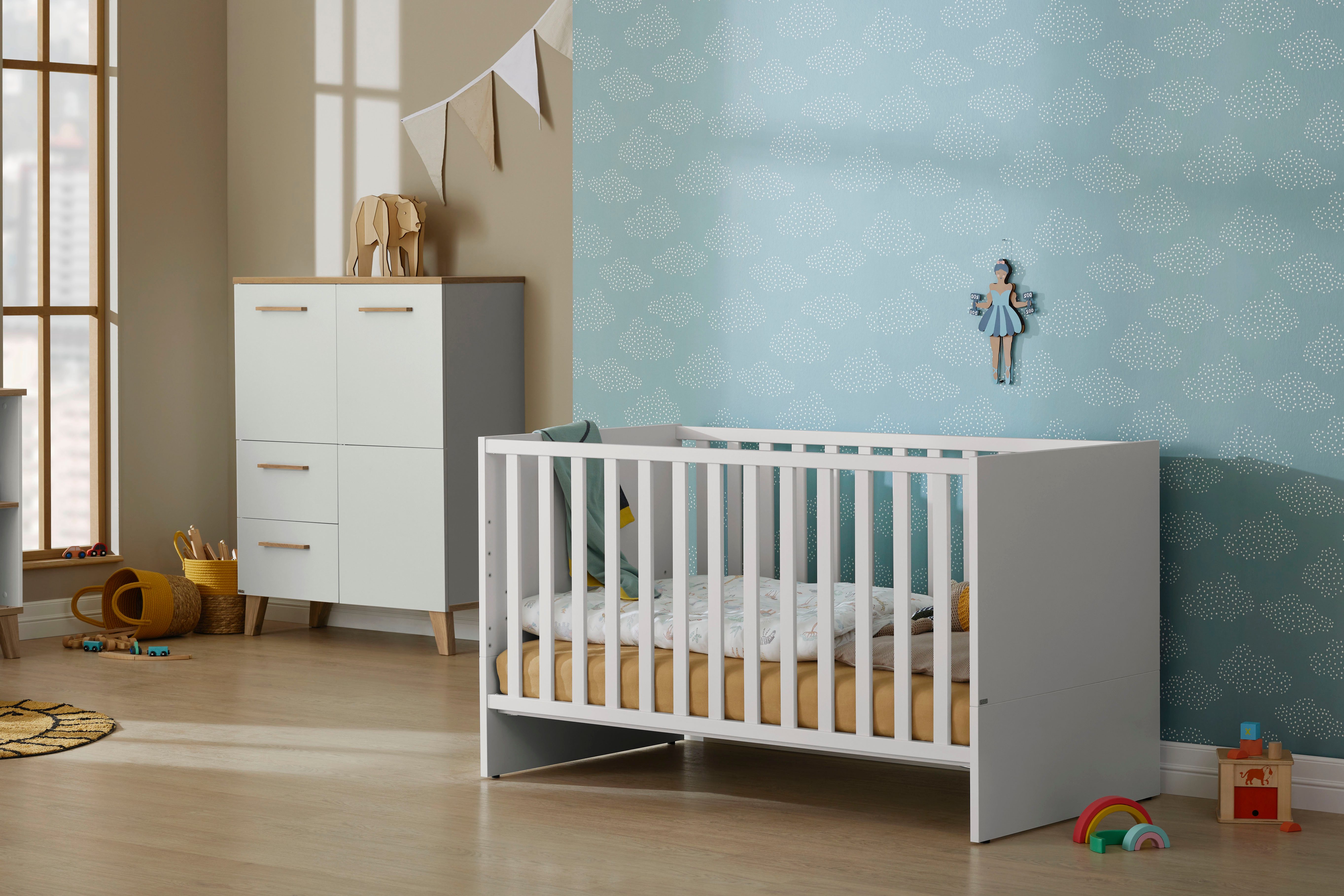 PAIDI Babybett LITTLE SNU 70x140cm in Beige oder Weiß, umbaubares Kinderbett, Gitterbett 4-fach höhenverstellbar, entnehmbare Sprossen, Juniorbett