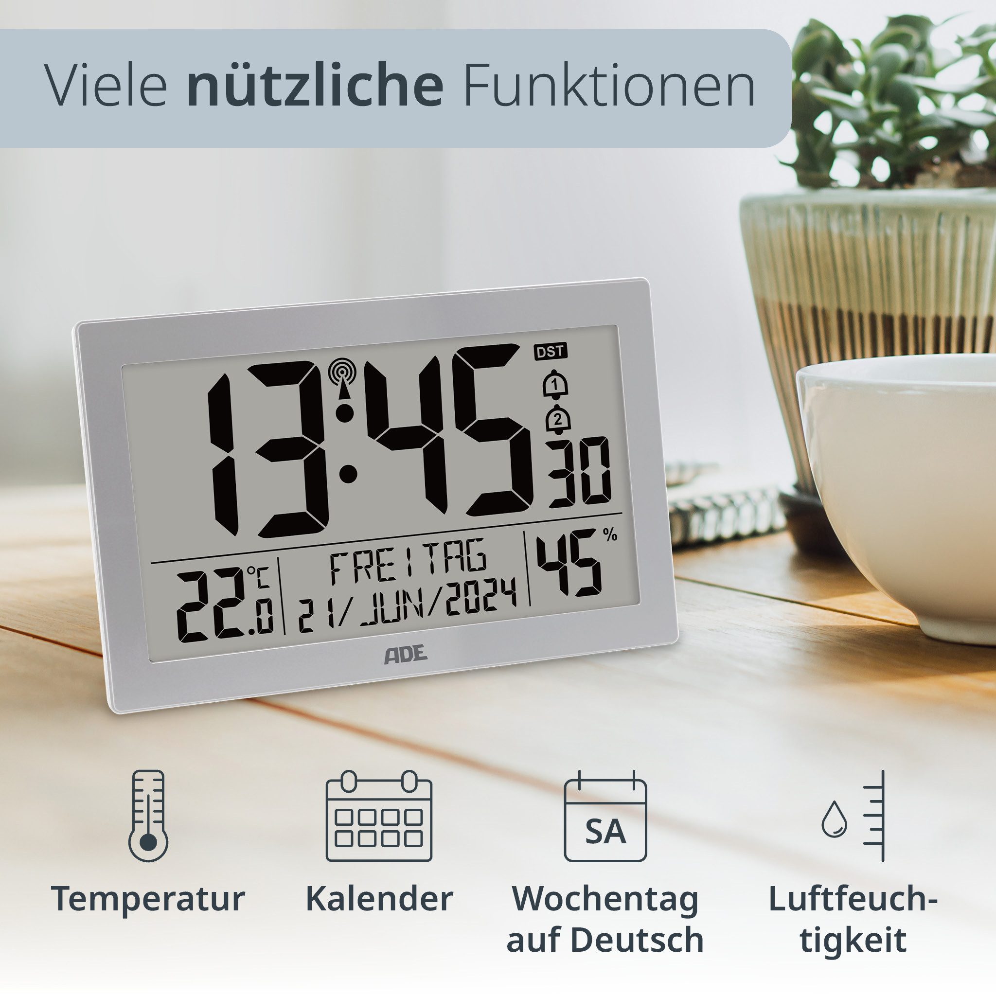 ADE Funktischuhr Digitale extragroße Wand- oder Tischuhr mit Beleuchtung mit Temperaturanzeige und Luftfeuchtigkeit, ideal für Senioren