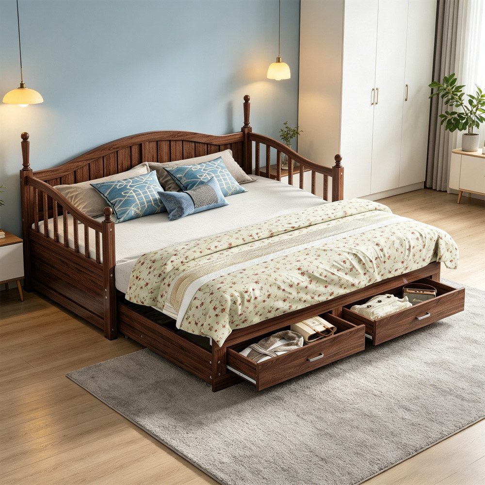 MODFU Schlafsofa Multifunktionales Zwei-in-Eins-Tagesbett, Ausziehbares Schlafsofa aus Massivholz 90x190cm bis 180x190cm – Mit eleganter römischer Säule, geschwungener Rückenlehne, Stauraum-Schubladen, stabiler Lattenrost, ohne Matratze