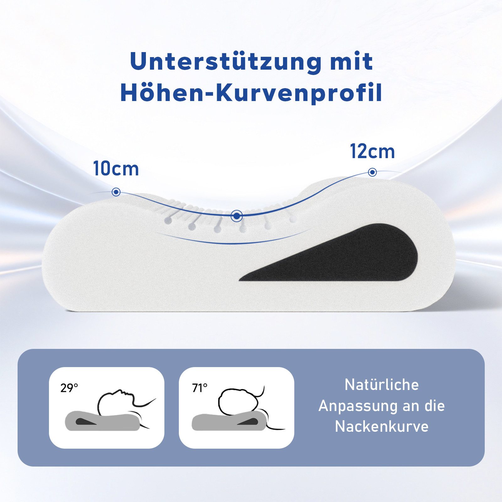 ROYGBIV Nackenstützkissen Memory Foam, Orthopädisches Kissen 38x60 cm mit 2 Höhen, Füllung: 38D Memory-Schaum + 60D Stützschaum, 3 Zone Höhe-10/7/12 cm, OEKO-TE – Bild 5 von 5