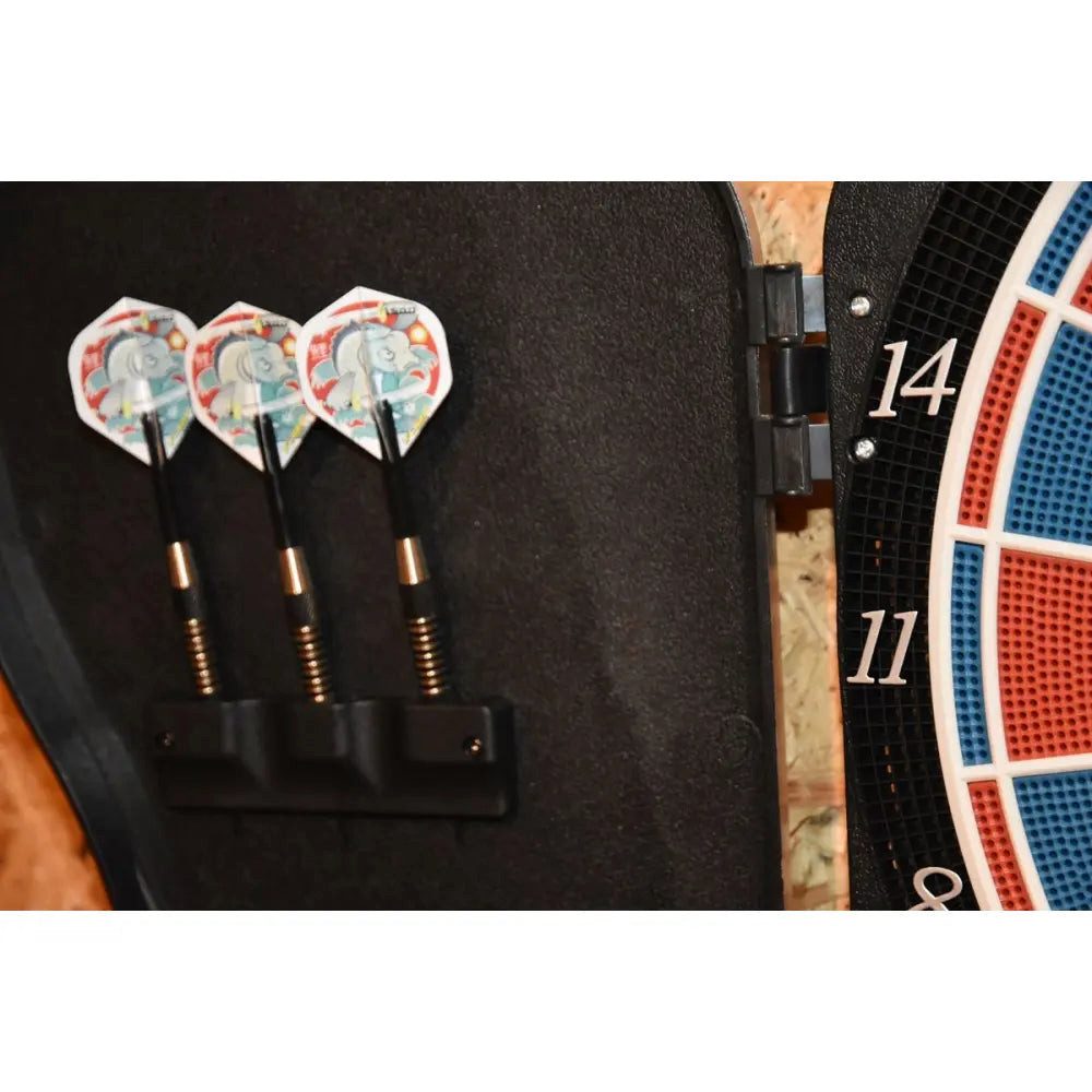 Sport-Knight® Dartscheibe Elektronik-Dartscheibe Deluxe, mit Türen, 21 Spielmodi, bis 8 Spieler, (Dart-Set, Dartscheibe mit 6 Pfeilen und Kabinett)