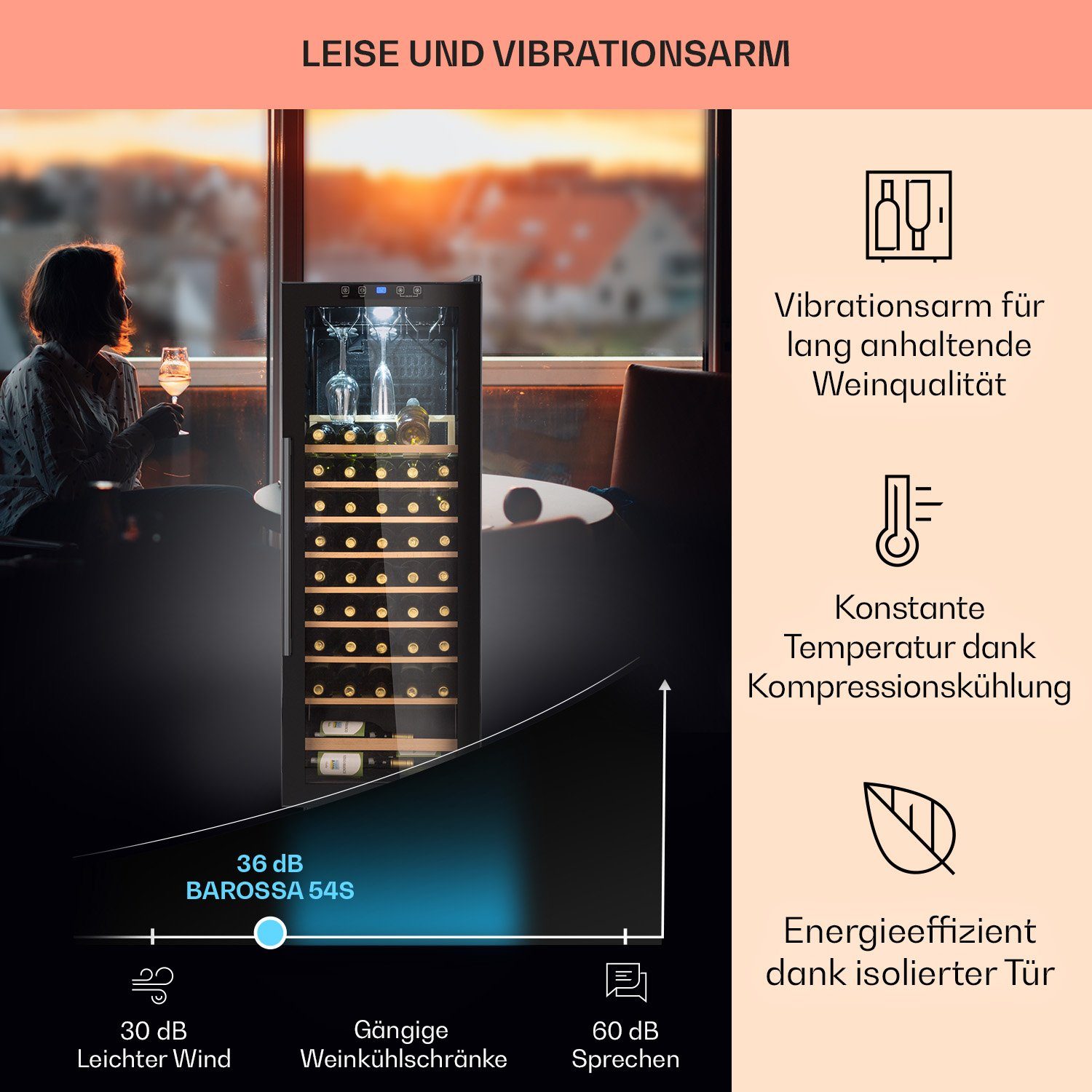 Klarstein Weinkühlschrank Barossa 54 Uno Weinkühlschrank 155 L 54 Flaschen Glastür Touch LED, für 54 Standardflaschen á 0,75l,Wein Flaschenkühlschrank Weintempe – Bild 5 von 5