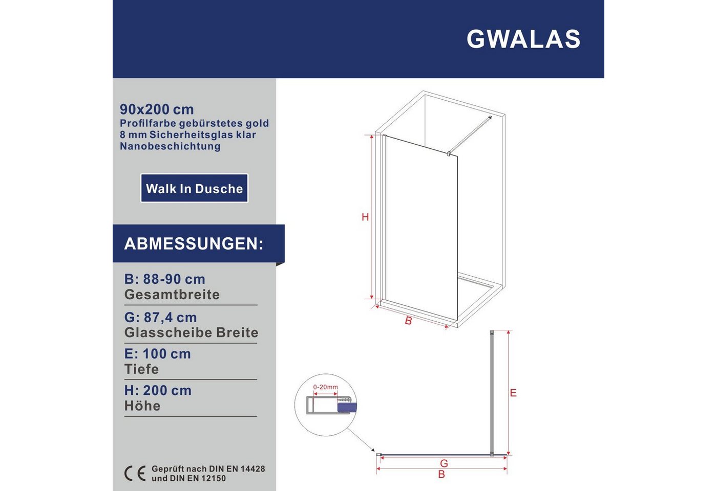 Thumbnail - AQUABATOS Walk-in-Dusche Duschabtrennung Duschwände Duschtrennwand Gold Grau Weiß, 80x200,90x200,100x200,110x200,120x200...