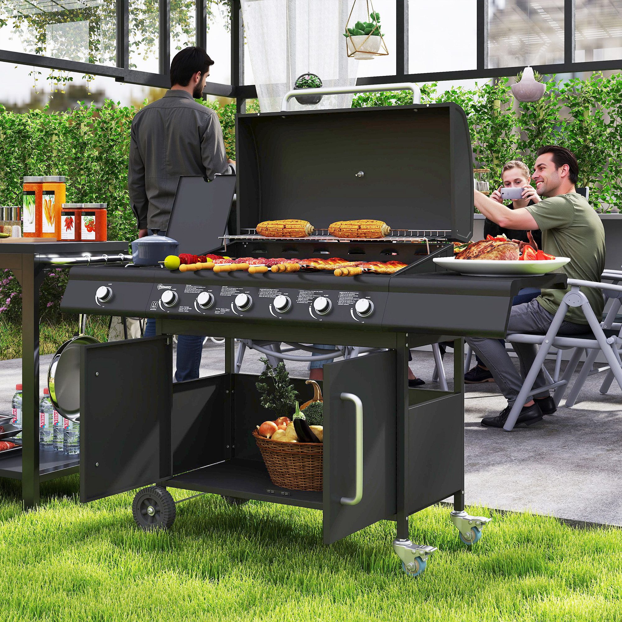 Outsunny Gasgrill inkl Rolle, Seitenbrenner, Thermometer, Grillrost, 21,2 KW Gas-Grill, Grillwagen aus Edelstahl, für Balkon Camping 144,5 x 56 x 110cm