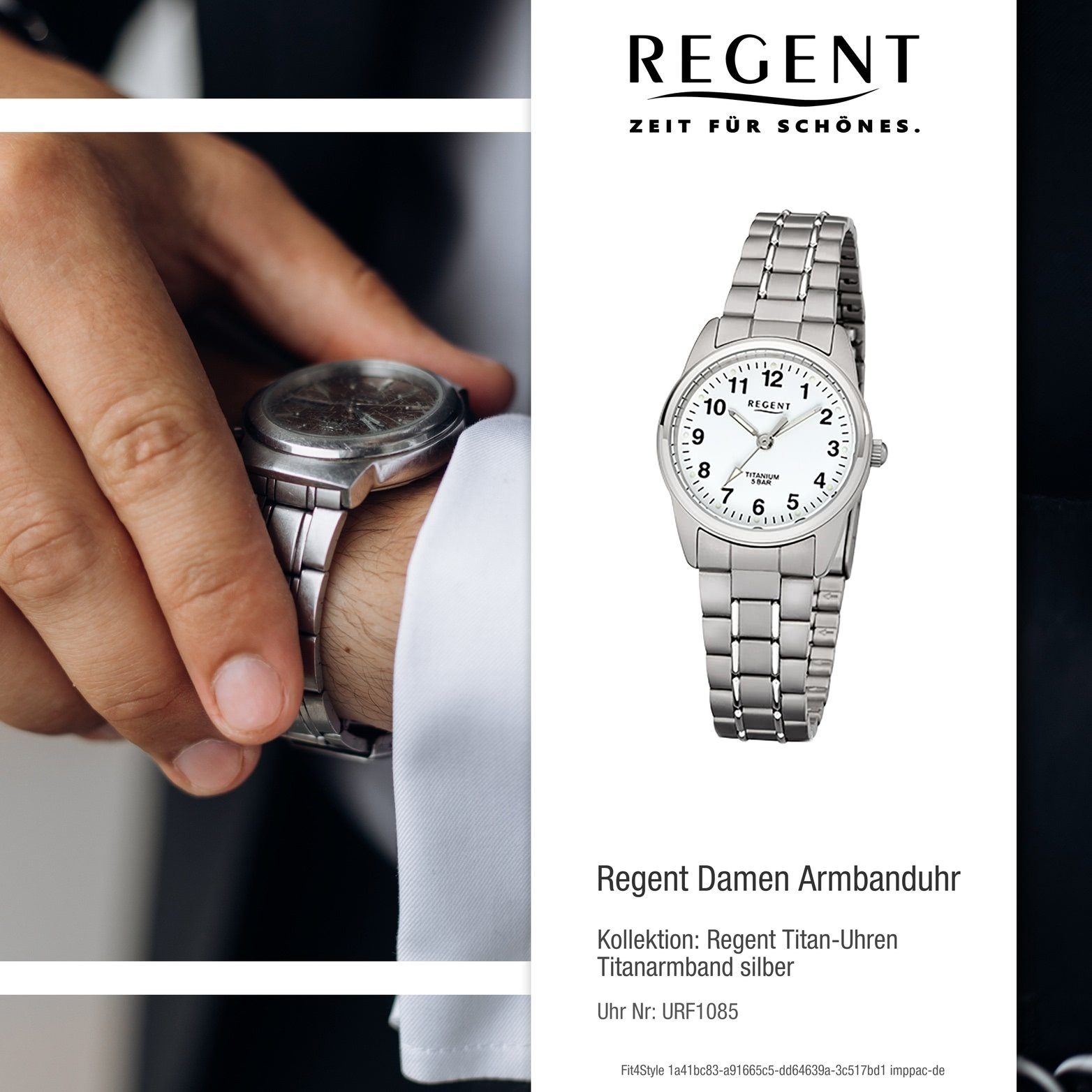 Regent Quarzuhr Titan (ca. rundes Quarzuhr, F-1085 silber, Gehäuse, 26mm) klein Uhr Damen grau, Regent Titanarmband Damenuhr